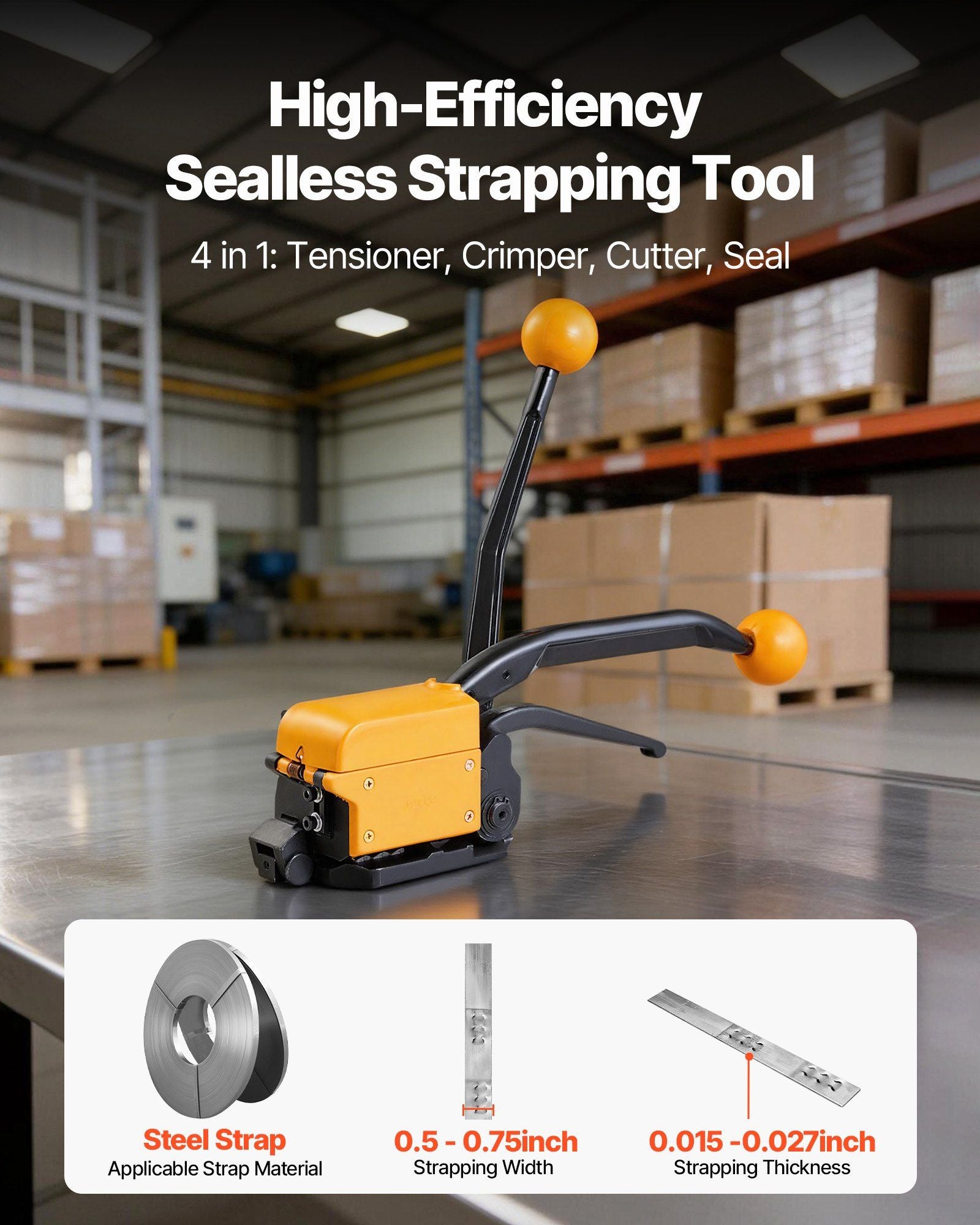 Banding Strapping Kit, Heavy Duty A3 Steel Banding Sealer Tool with Adjustable Width, Manual Metal Pallet Packaging Strapping Kit for Warehouse, Transportation, Industrial Bundling, Home Use