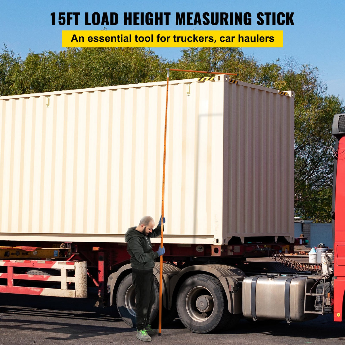VEVOR Load Height Measuring Stick, 15\' Sturdy Fiberglass Truck Height Stick with Adjustable Pole, Non-conductive Truck Height Measuring Stick with Carrying Bag, Height Stick for Trucks, Car Haulers