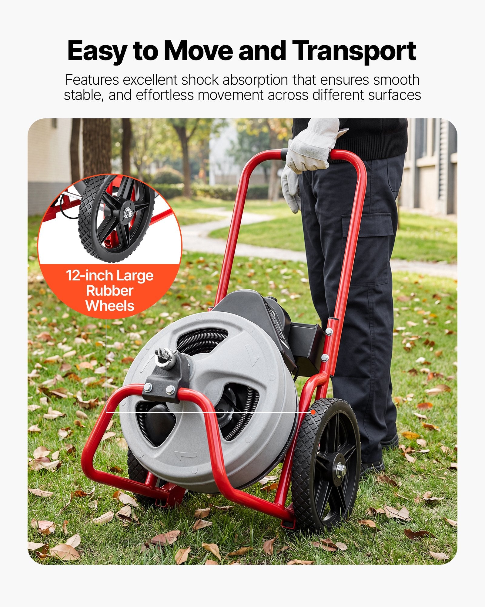 VEVOR Drain Cleaner Machine 22m x 9.5mm, Sewer Snake Auger Manual Feed on Wheels, Portable Drain Cleaning Machine with 6 Cutters & Air-activated Foot Switch for 50mm to 100mm Pipes