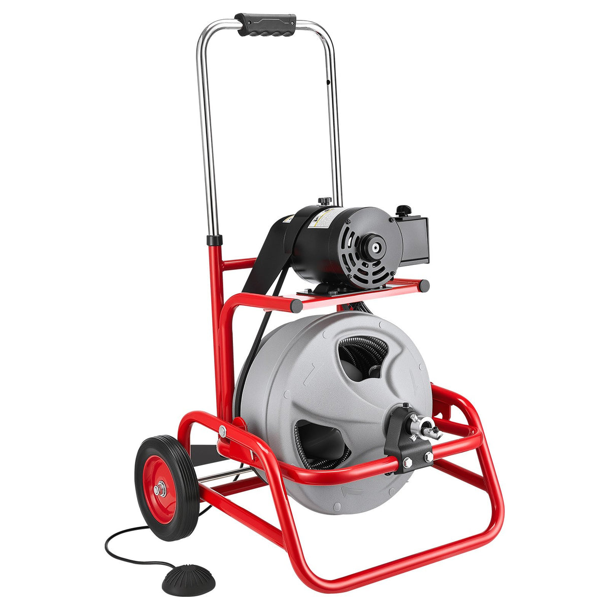VEVOR Drain Cleaner Machine 22m x 12.7mm, Sewer Snake Auger on Wheels, Manual Feed Drain Cleaning Machine with Adjustable Drum Angle, 6 Cutters &amp; Air-activated Foot Switch for 50mm to 150mm Pipes