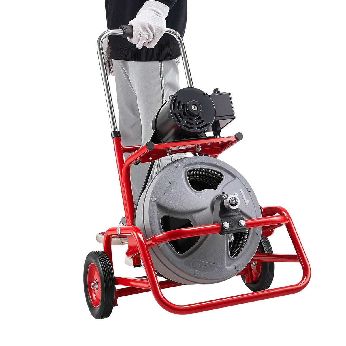 VEVOR Drain Cleaner Machine 22m x 12.7mm, Sewer Snake Auger on Wheels, Manual Feed Drain Cleaning Machine with Adjustable Drum Angle, 6 Cutters & Air-activated Foot Switch for 50mm to 150mm Pipes