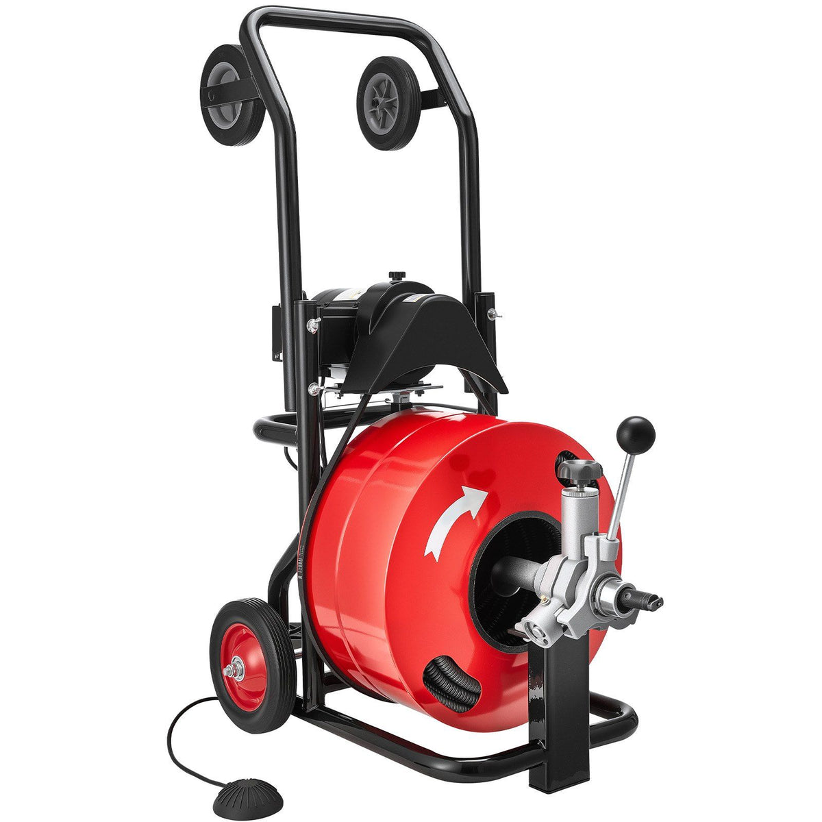 Drain Cleaner Machine 30m x 19mm, Auto Feed Sewer Snake Auger, Portable Drain Cleaning Machine with Multi-Wheel Combination, 6 Cutters &amp; Air-Activated Foot Switch for 100mm to 200mm Pipes