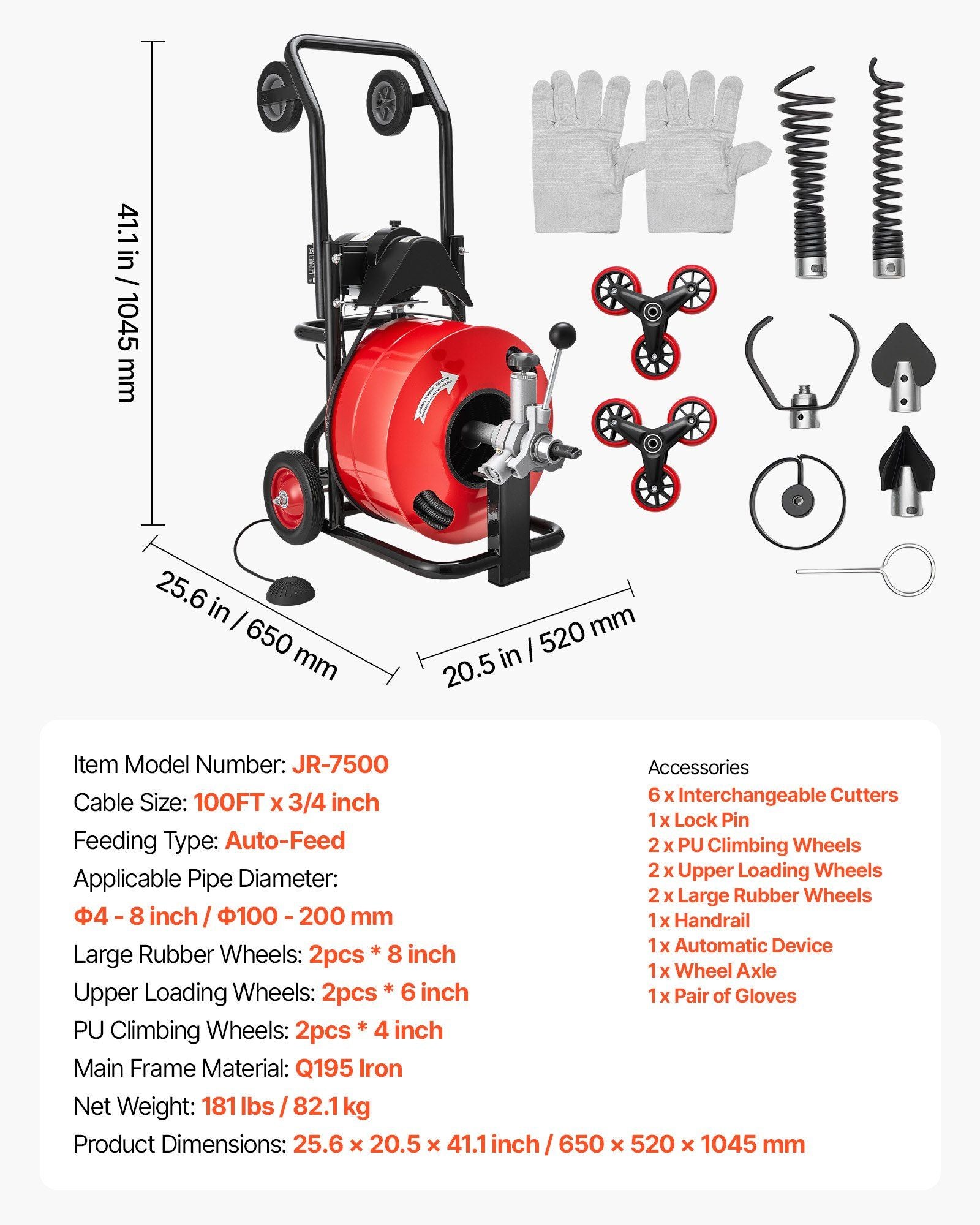 Drain Cleaner Machine 30m x 19mm, Auto Feed Sewer Snake Auger, Portable Drain Cleaning Machine with Multi-Wheel Combination, 6 Cutters & Air-Activated Foot Switch for 100mm to 200mm Pipes