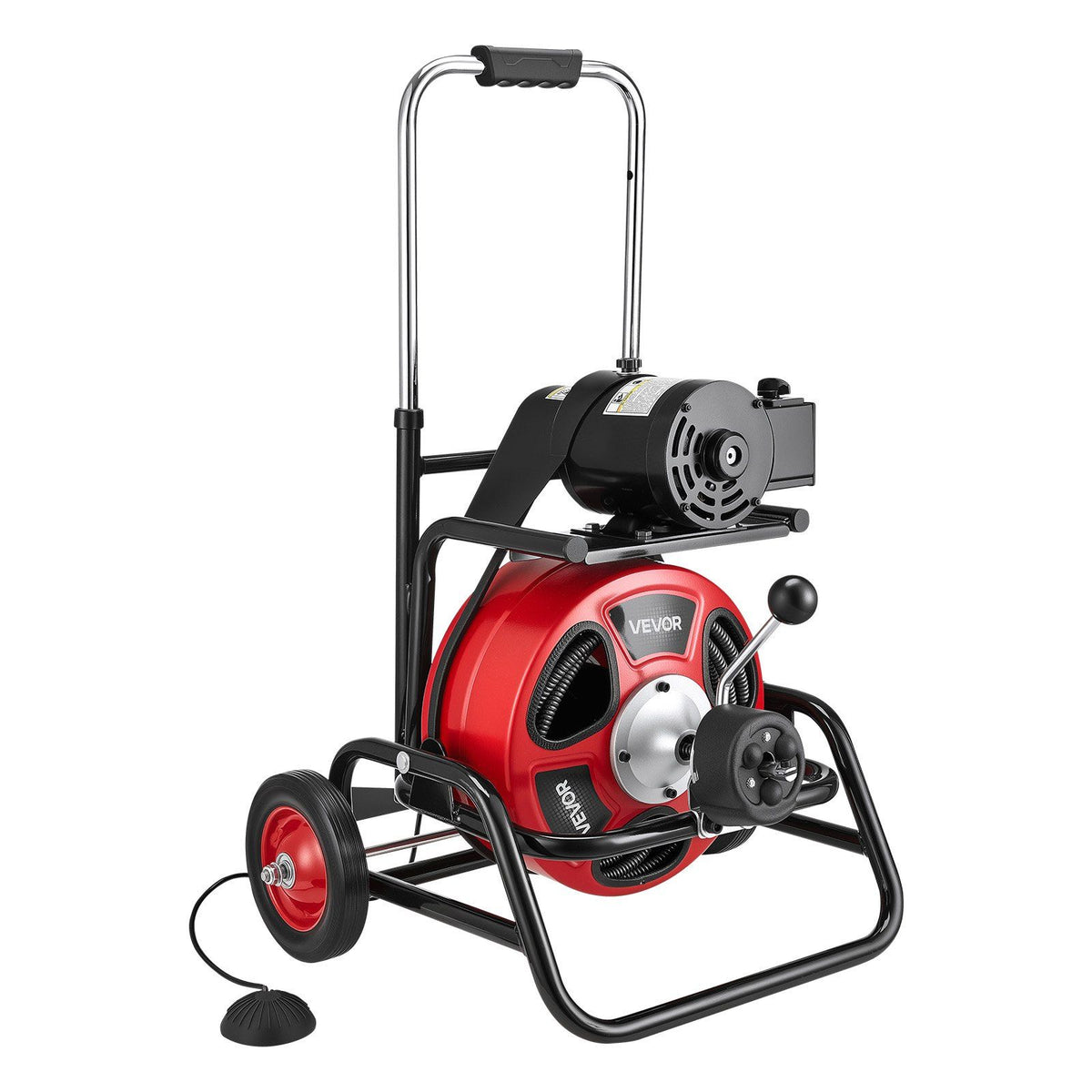 Drain Cleaner Machine 22m x 12.7mm, Auto Feed Sewer Snake Auger, Portable Drain Cleaning Machine with Climbing Wheels, Adjustable Drum, 8 Cutters & Foot Switch for 50mm to 150mm Pipes