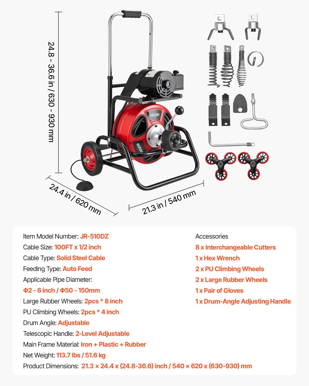 Drain Cleaner Machine 30m x 12.7mm, Auto Feed Sewer Snake Auger, Portable Drain Cleaning Machine with Climbing Wheels, Adjustable Drum, 8 Cutters & Foot Switch for 50mm to 150mm Pipes