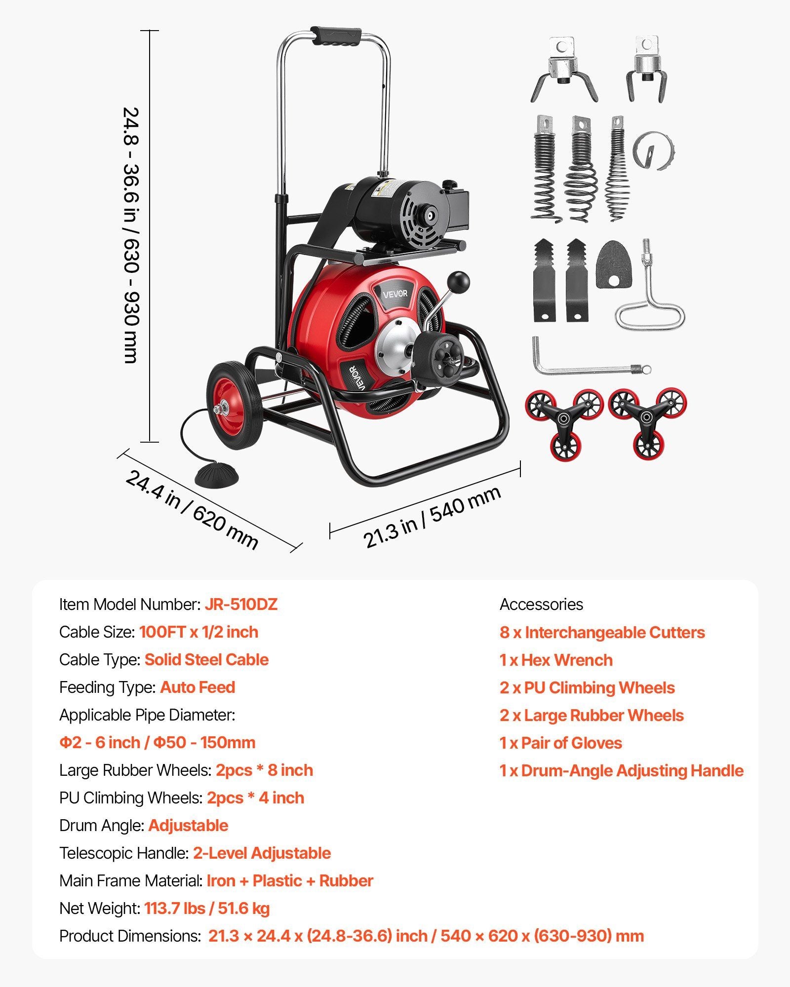Drain Cleaner Machine 30m x 12.7mm, Auto Feed Sewer Snake Auger, Portable Drain Cleaning Machine with Climbing Wheels, Adjustable Drum, 8 Cutters & Foot Switch for 50mm to 150mm Pipes