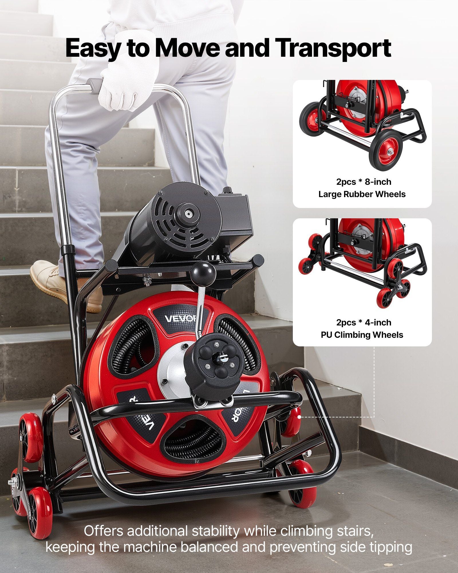 Drain Cleaner Machine 30m x 12.7mm, Auto Feed Sewer Snake Auger, Portable Drain Cleaning Machine with Climbing Wheels, Adjustable Drum, 8 Cutters & Foot Switch for 50mm to 150mm Pipes