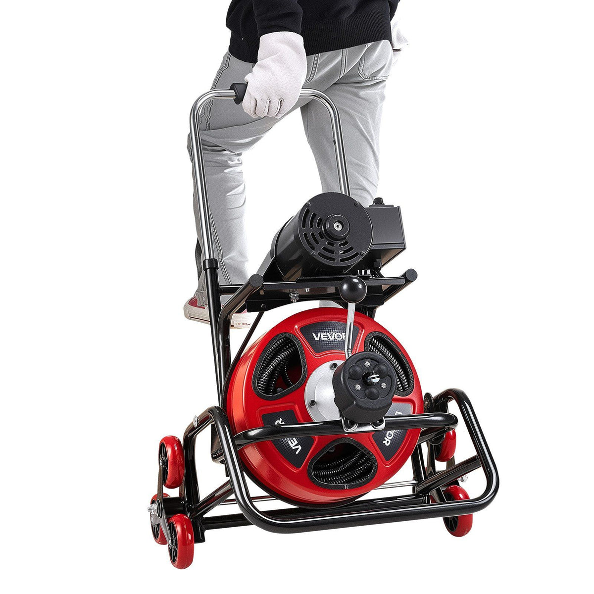 Drain Cleaner Machine 30m x 12.7mm, Auto Feed Sewer Snake Auger, Portable Drain Cleaning Machine with Climbing Wheels, Adjustable Drum, 8 Cutters & Foot Switch for 50mm to 150mm Pipes
