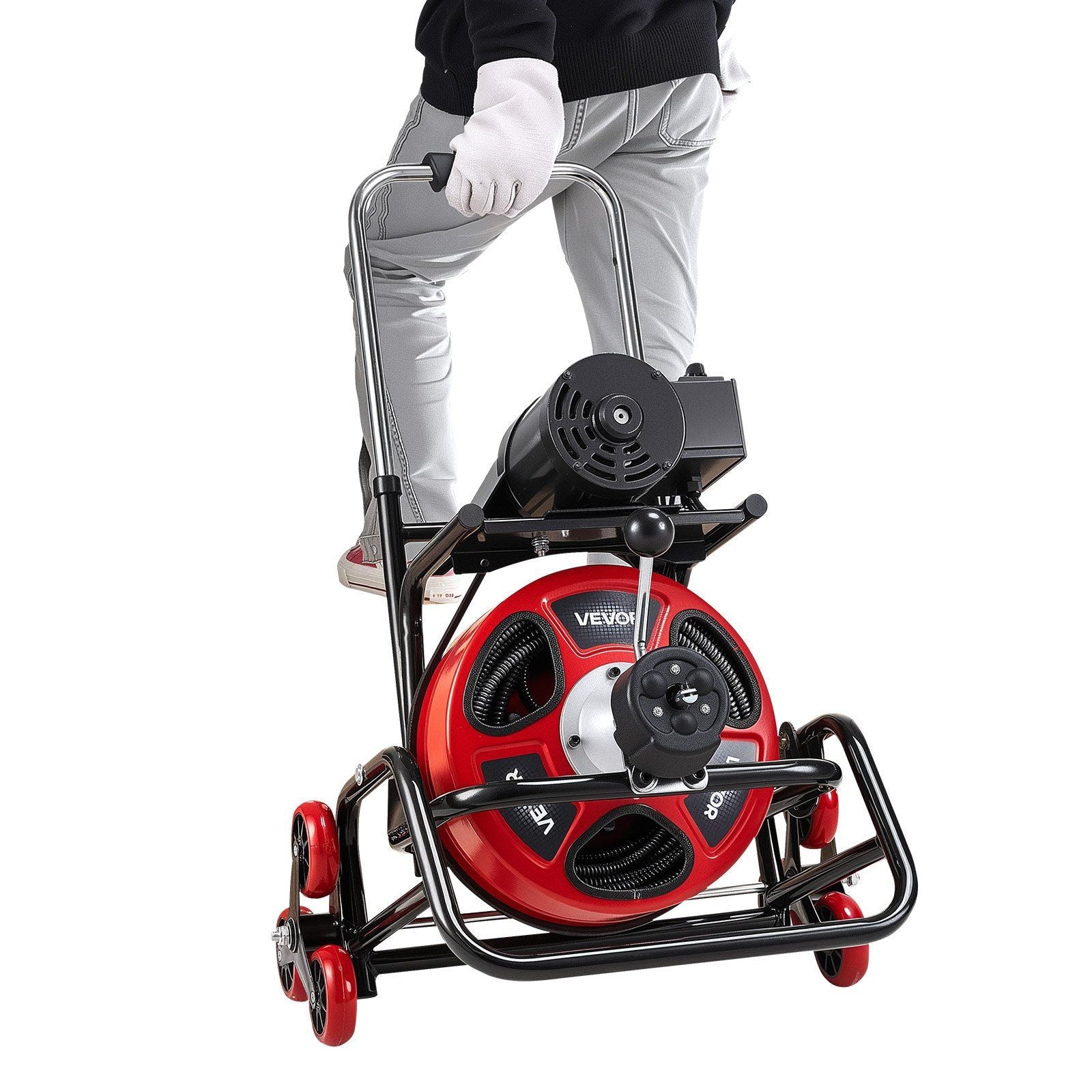 Drain Cleaner Machine 30m x 12.7mm, Auto Feed Sewer Snake Auger, Portable Drain Cleaning Machine with Climbing Wheels, Adjustable Drum, 8 Cutters & Foot Switch for 50mm to 150mm Pipes