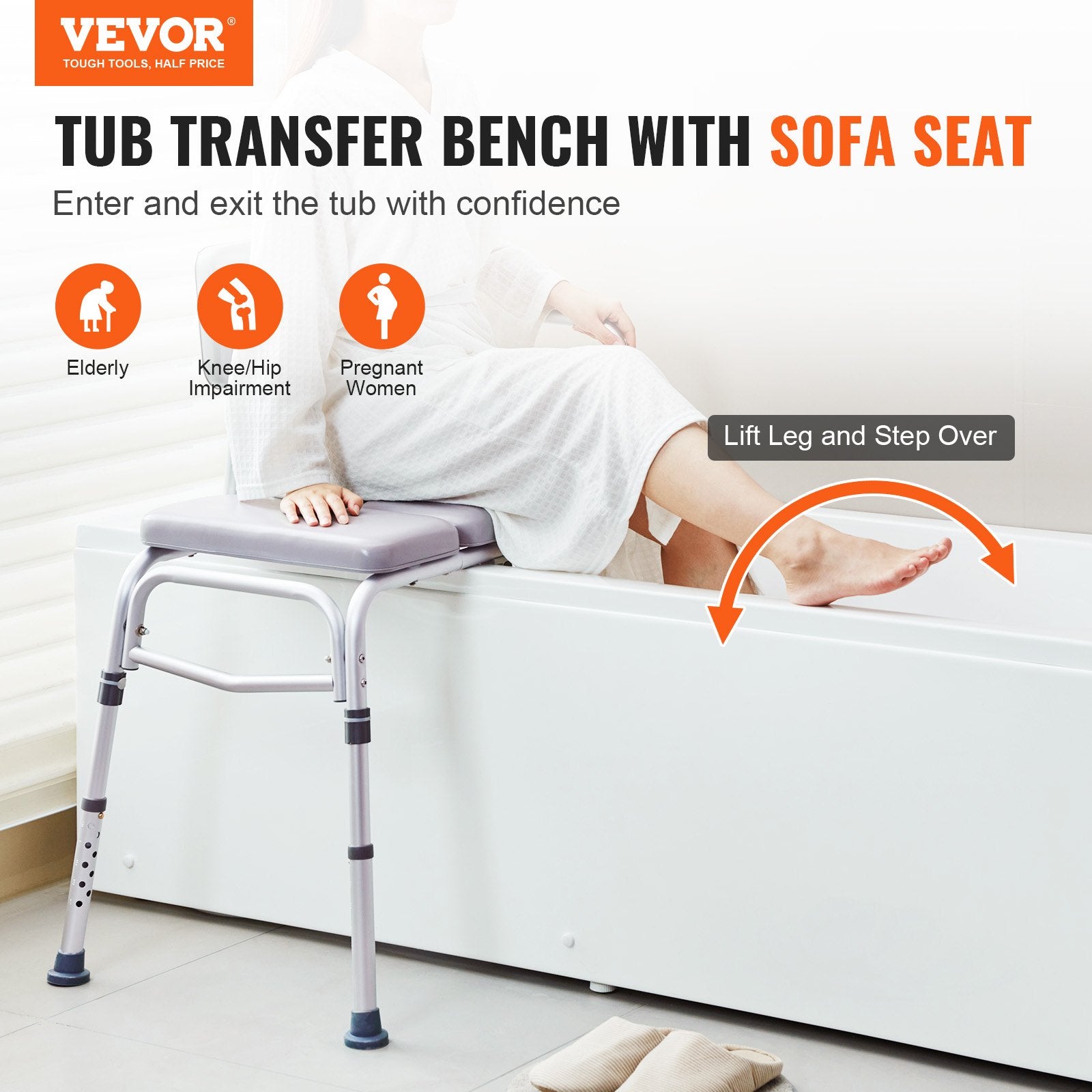 VEVOR Tub Transfer Bench for Bathtub 500lbs, Shower Seats for Adults, Lightweight Shower Bench for Elderly and Disabled with Padded Seat,  Non-Slip Bath Seats with Armrest and Reversible Backrest