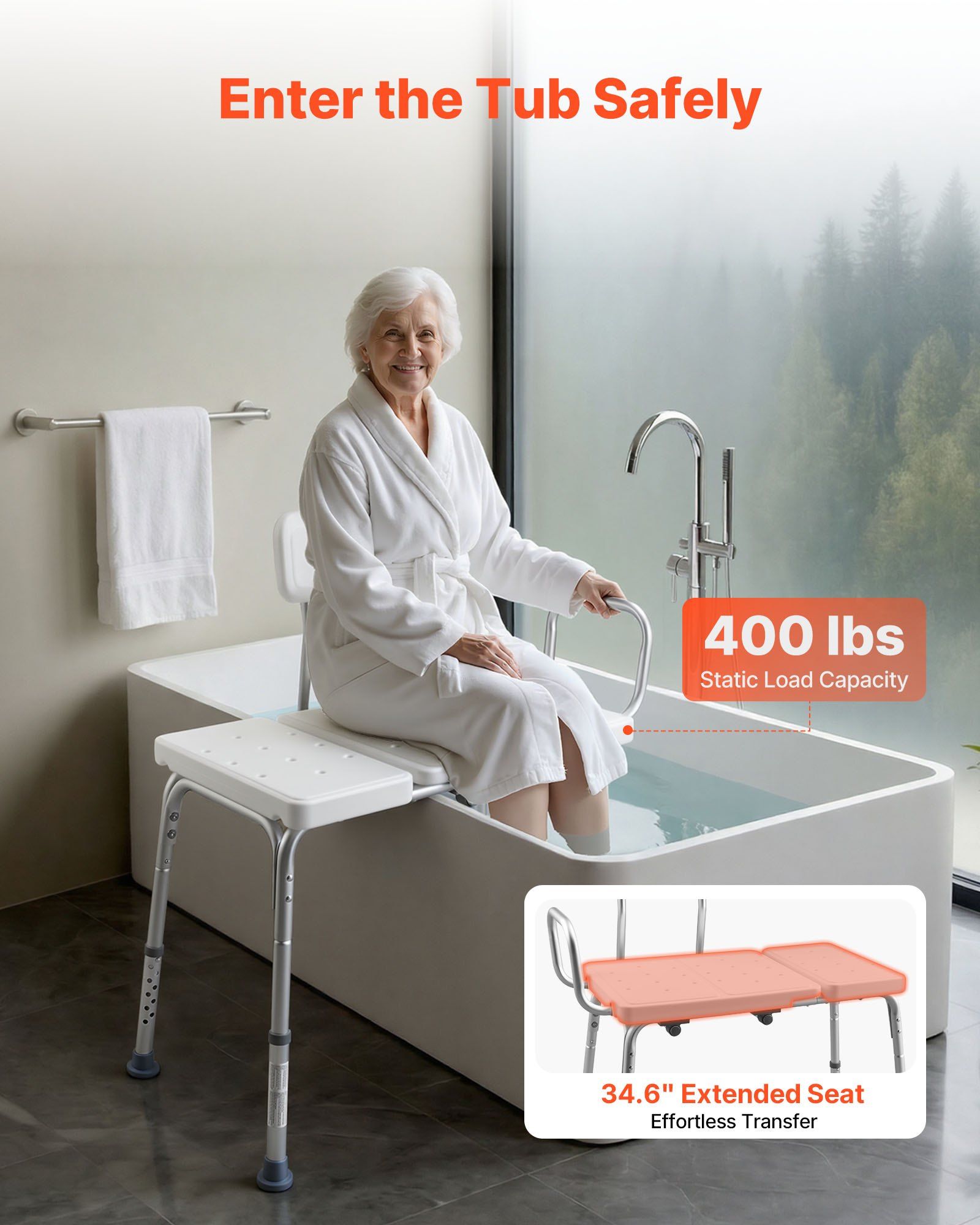 Tub Transfer Bench for Bathtub, 180 kg Capacity Heavy Duty Shower Chair with Arm, Backrest and Curtain Slot, Height Adjustable Shower Bench Bath Seat for Adults, Seniors, Elderly and Disabled