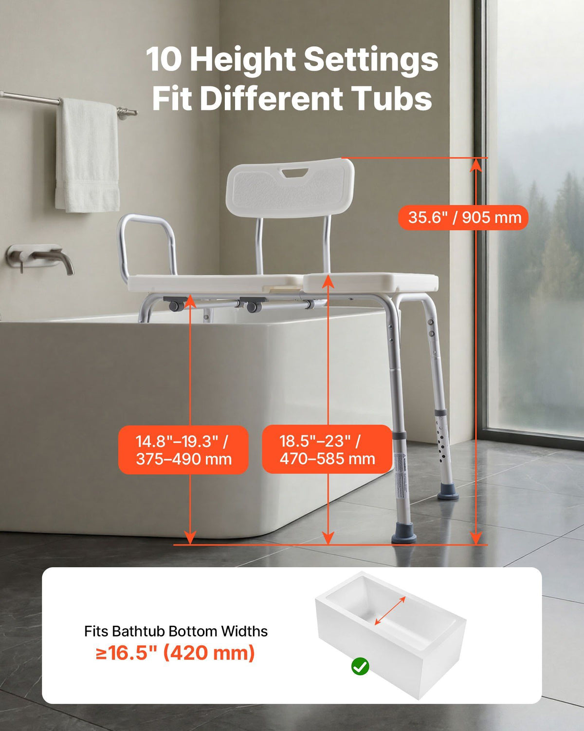 Tub Transfer Bench for Bathtub, 180 kg Capacity Heavy Duty Shower Chair with Arm, Backrest and Curtain Slot, Height Adjustable Shower Bench Bath Seat for Adults, Seniors, Elderly and Disabled