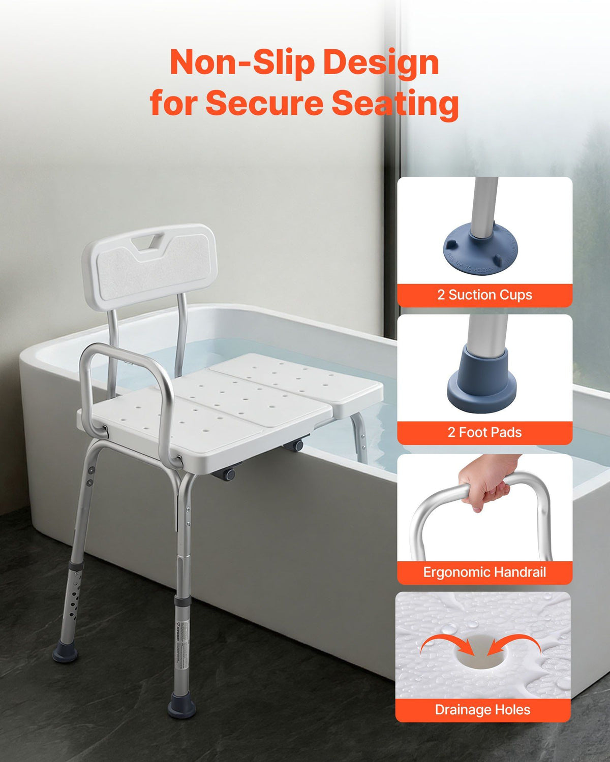 Tub Transfer Bench for Bathtub, 180 kg Capacity Heavy Duty Shower Chair with Arm, Backrest and Curtain Slot, Height Adjustable Shower Bench Bath Seat for Adults, Seniors, Elderly and Disabled
