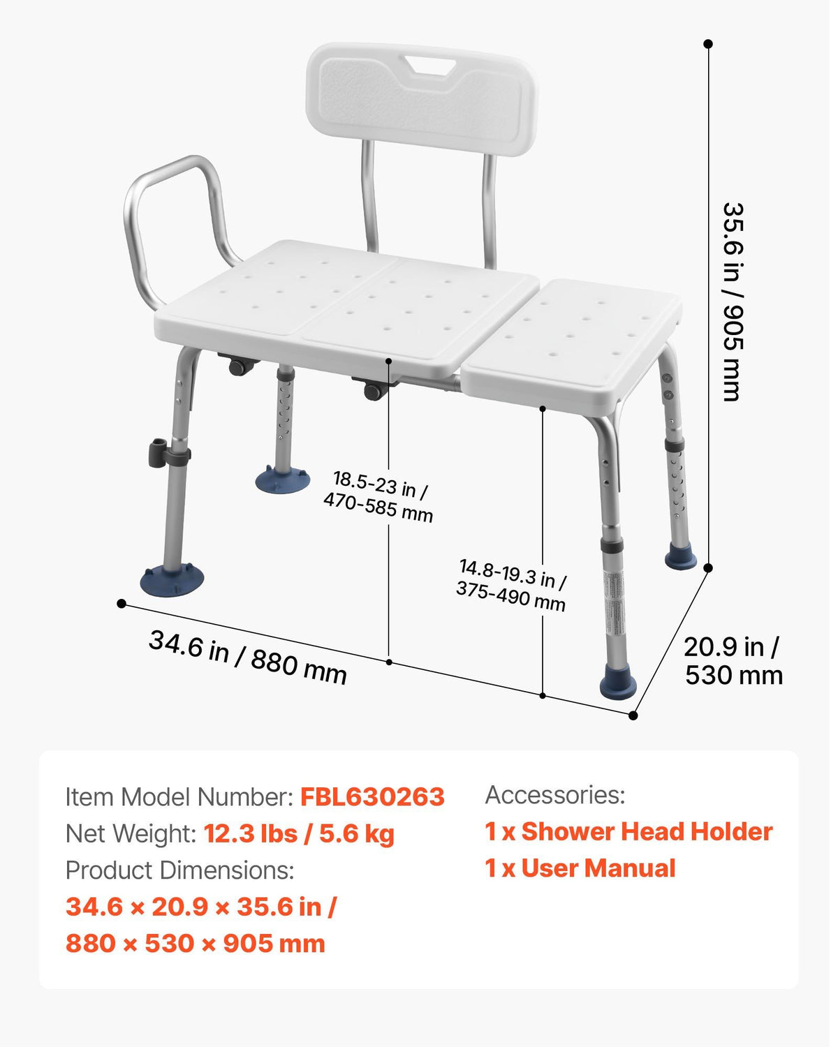 Tub Transfer Bench for Bathtub, 180 kg Capacity Heavy Duty Shower Chair with Arm, Backrest and Curtain Slot, Height Adjustable Shower Bench Bath Seat for Adults, Seniors, Elderly and Disabled