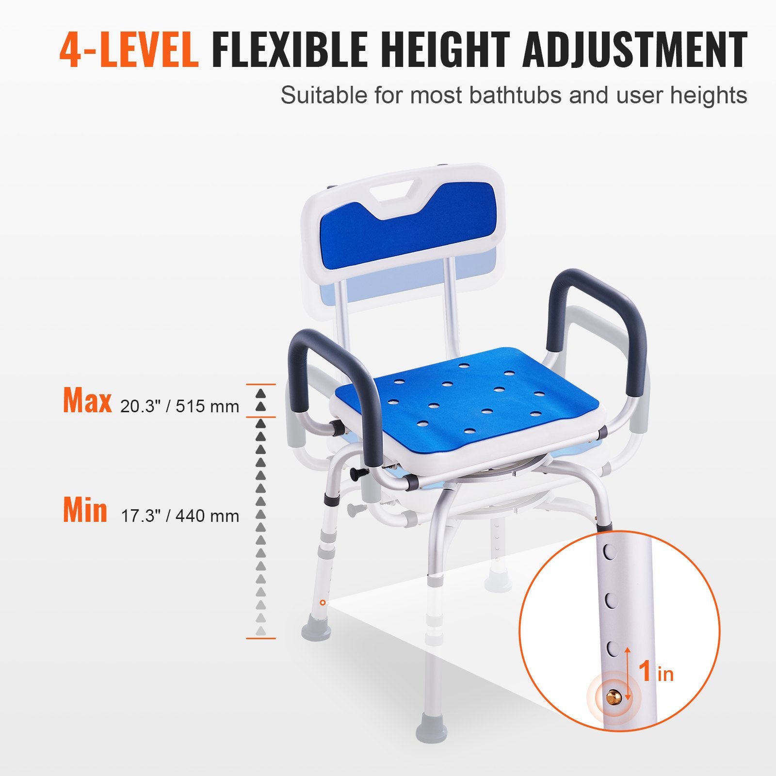 VEVOR Swivel Shower Chair 360 Degree, Adjustable Shower Seat with Armrests and Backrest for Inside Shower or Bathtub, Non-Slip Rotating Bathtub Chair Seat for Elderly Disabled Injured, 400lbs Capacity