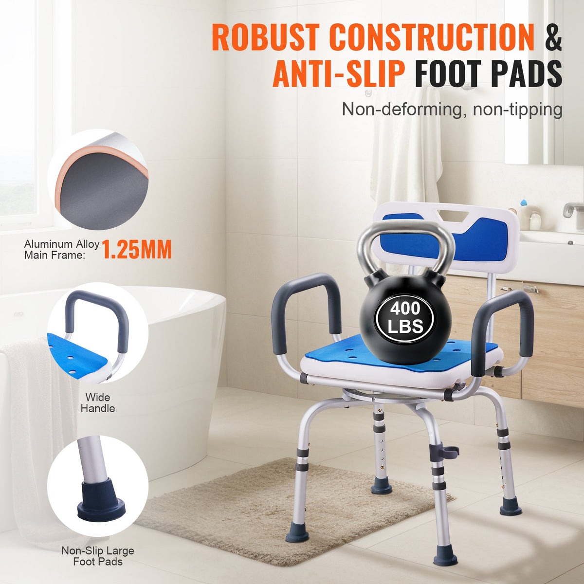 VEVOR Swivel Shower Chair 360 Degree, Adjustable Shower Seat with Armrests and Backrest for Inside Shower or Bathtub, Non-Slip Rotating Bathtub Chair Seat for Elderly Disabled Injured, 400lbs Capacity