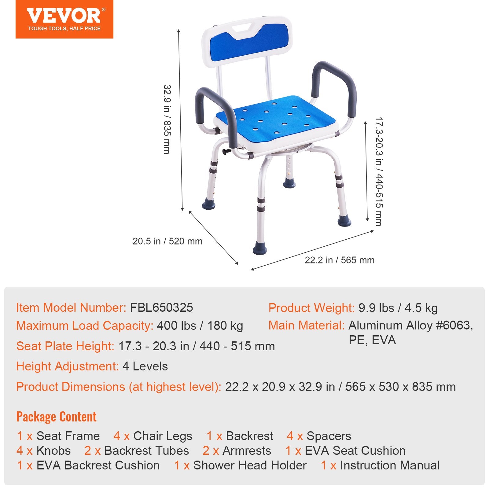 VEVOR Swivel Shower Chair 360 Degree, Adjustable Shower Seat with Armrests and Backrest for Inside Shower or Bathtub, Non-Slip Rotating Bathtub Chair Seat for Elderly Disabled Injured, 400lbs Capacity