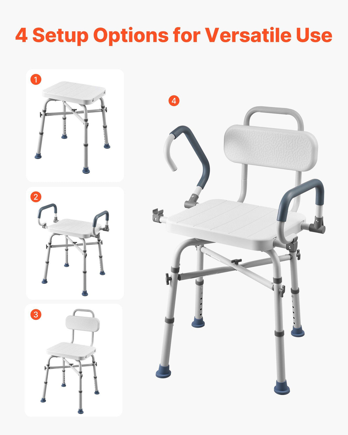 Swivel Shower Chair with Arms and Back, 227 kg Load Heavy Duty Bench Seat for Inside Shower Stall and Bathtub, Height Adjustable Bathroom Bath Tub Seat for Adults, Seniors, Elderly and Disabled