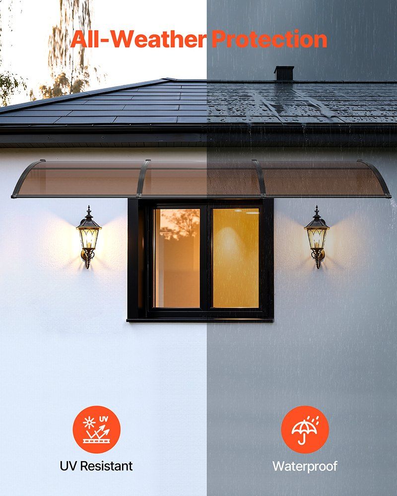Awnings for Door Entrance, 965 x 2957 mm, Exterior Front Door Window Awnings with Drainage & ABS Bracket, Rain Snow Sun Protection, Overhang Polycarbonate Door Canopy for Porch Patio, Brown