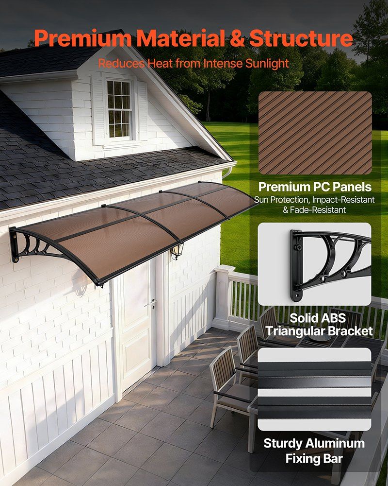 Awnings for Door Entrance, 965 x 2957 mm, Exterior Front Door Window Awnings with Drainage & ABS Bracket, Rain Snow Sun Protection, Overhang Polycarbonate Door Canopy for Porch Patio, Brown