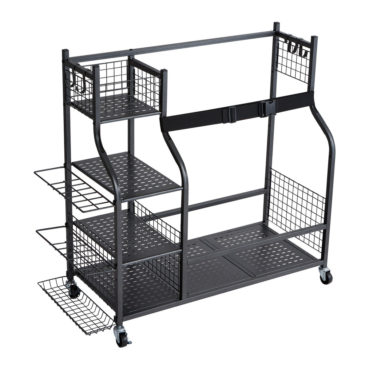 VEVOR Golf Storage Garage Organizer, 2 Golf Bag Stand Holder and Other Sports Equipment Storage Rack, Rolling Ball Cart on Wheels, Outdoor Sport Gear and Toy Storage with Baskets &amp; Hooks, Steel, Black