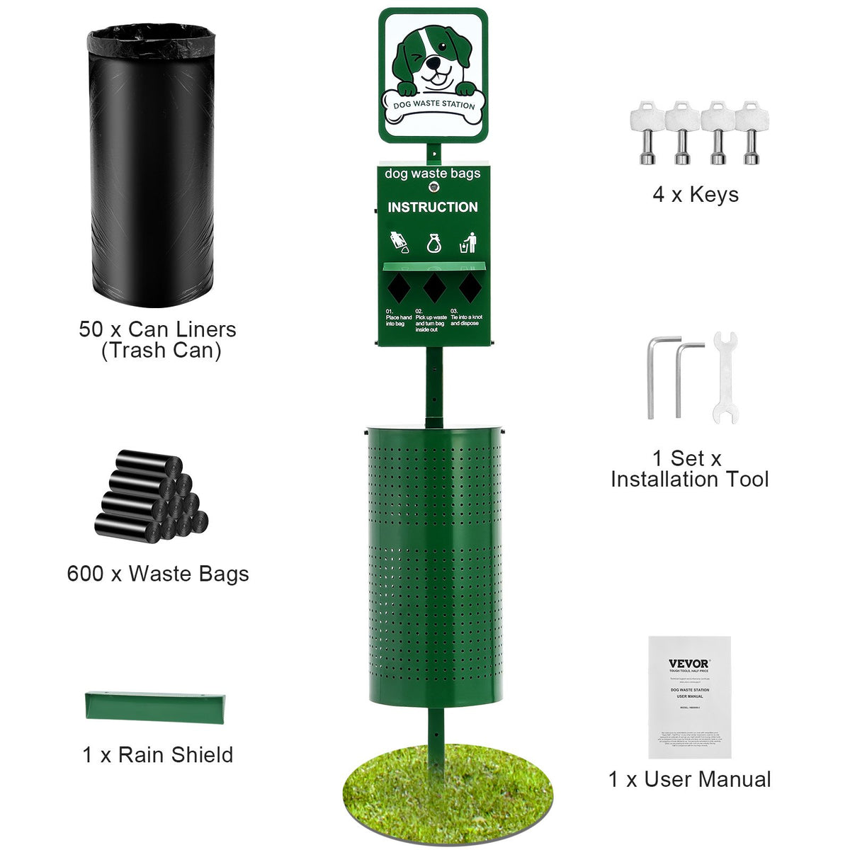 VEVOR Dog Waste Station 11.5 Gallons Outdoor Dog Poop Station with 600 Bags