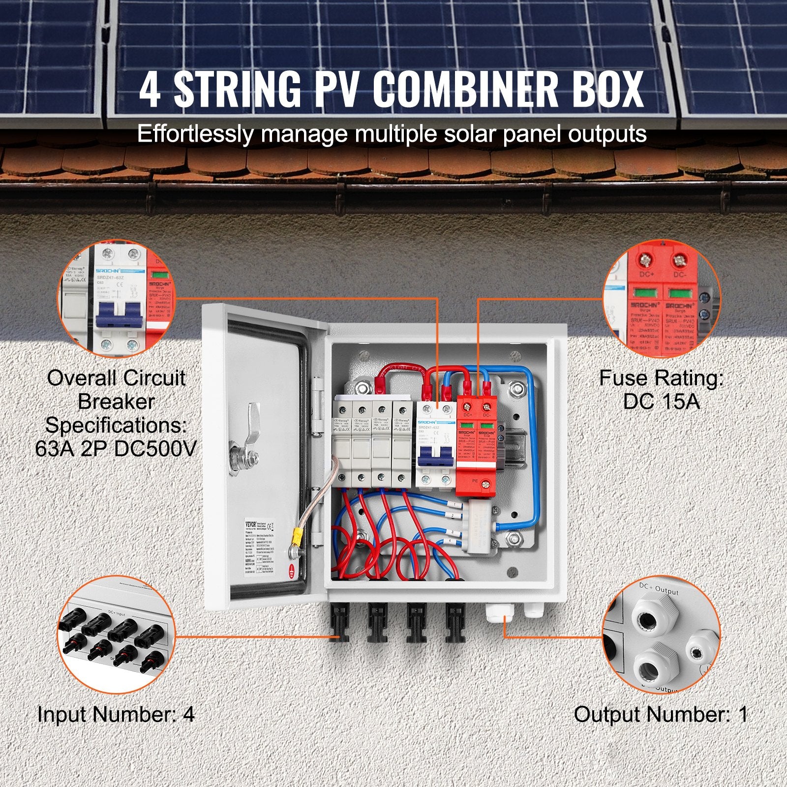 VEVOR PV Combiner Box, 4 String, Solar Combiner Box with 15A Rated Current Fuse 63A Circuit Breaker Lightning Arrester and Solar Connector, Steel Case for On / Off Grid Solar Panel System, IP65