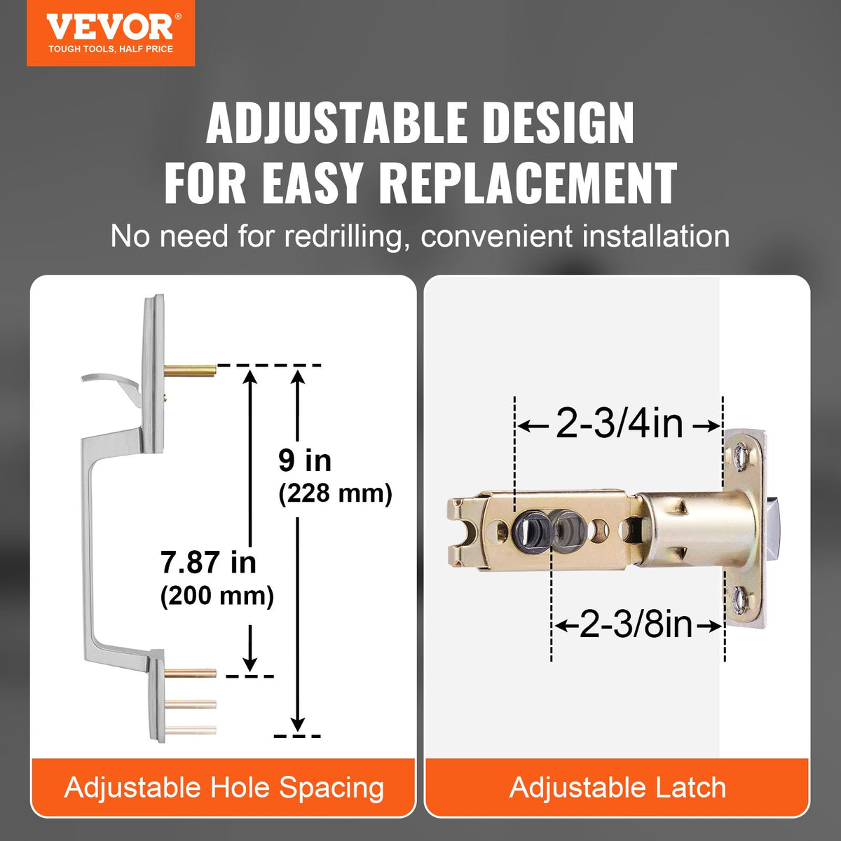 VEVOR Entry Door Handle, Satin Nickel Square Handle Set with Lever Door Handle No Lock, Adjustable Hole Space, Front Door Handle with Reversible for Right and Left Handed Entrance and Front Door