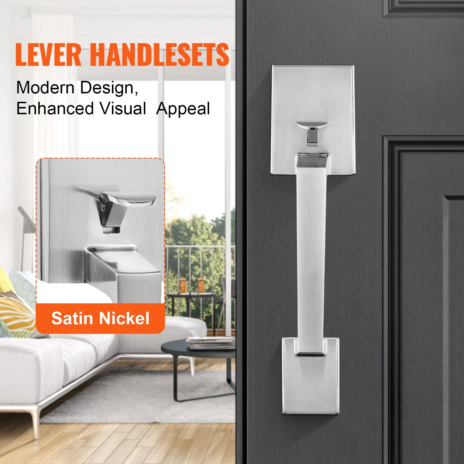 VEVOR Entry Door Handle, Satin Nickel Square Handle Set with Lever Door Handle No Lock, Adjustable Hole Space, Front Door Handle with Reversible for Right and Left Handed Entrance and Front Door
