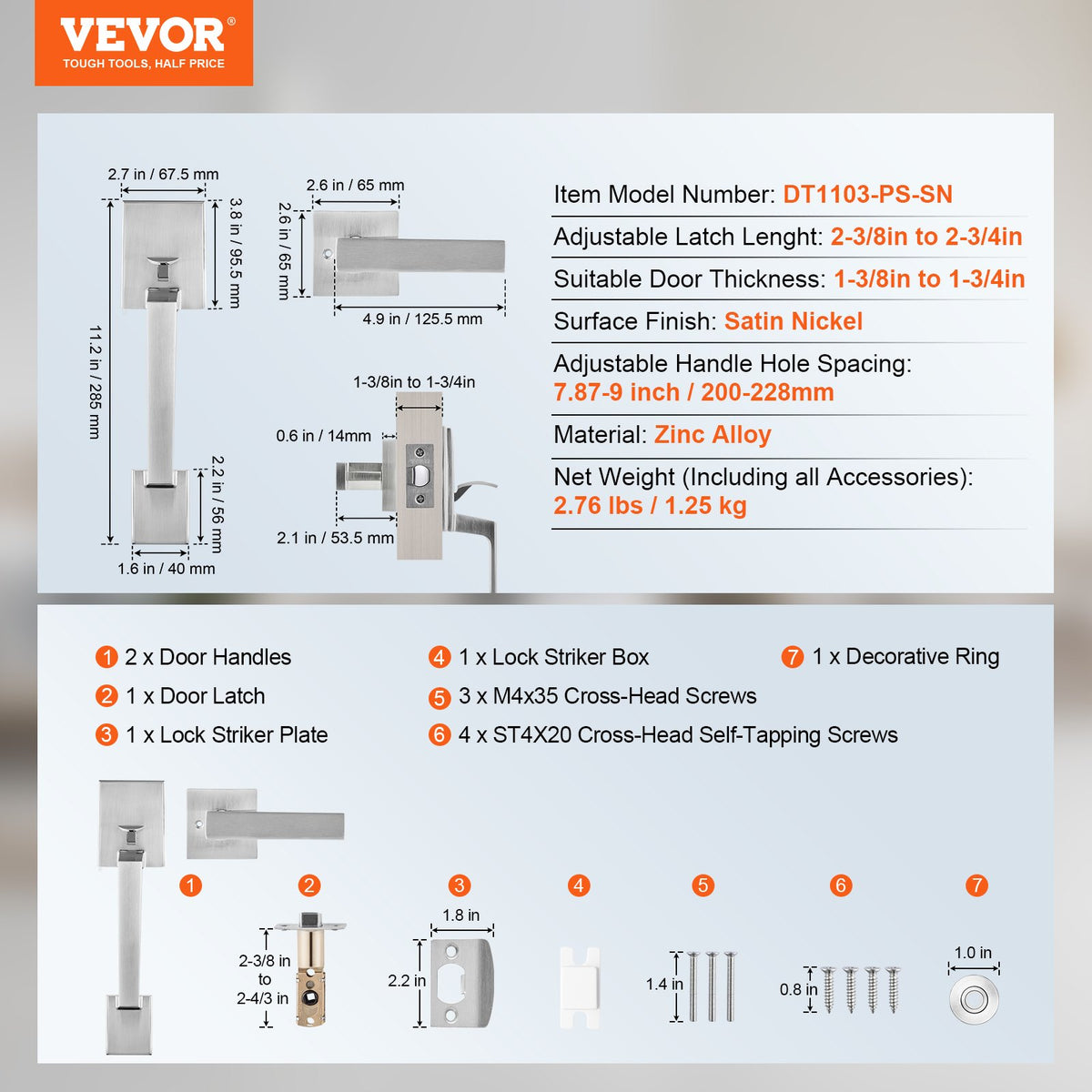 VEVOR Entry Door Handle, Satin Nickel Square Handle Set with Lever Door Handle No Lock, Adjustable Hole Space, Front Door Handle with Reversible for Right and Left Handed Entrance and Front Door