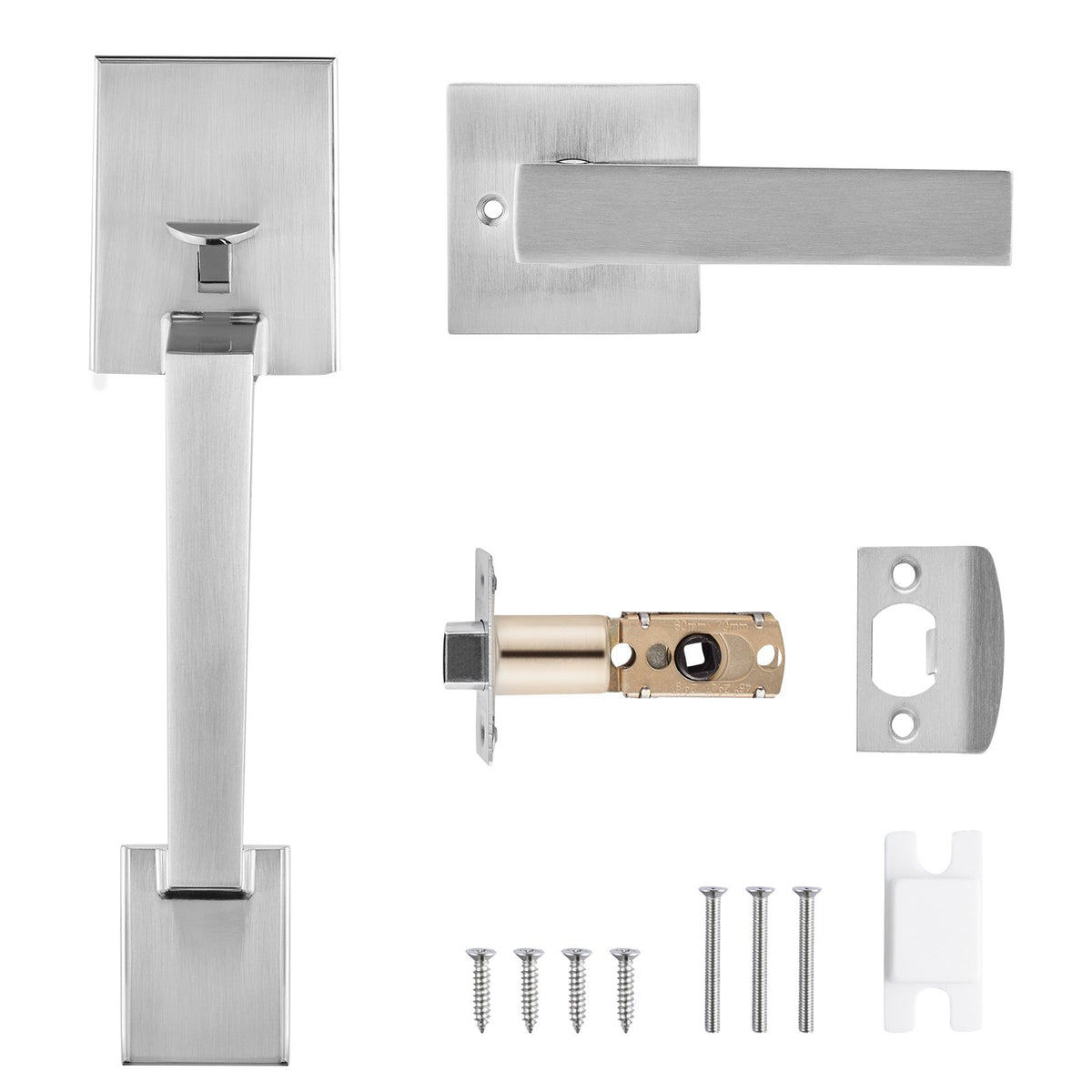 VEVOR Entry Door Handle, Satin Nickel Square Handle Set with Lever Door Handle No Lock, Adjustable Hole Space, Front Door Handle with Reversible for Right and Left Handed Entrance and Front Door