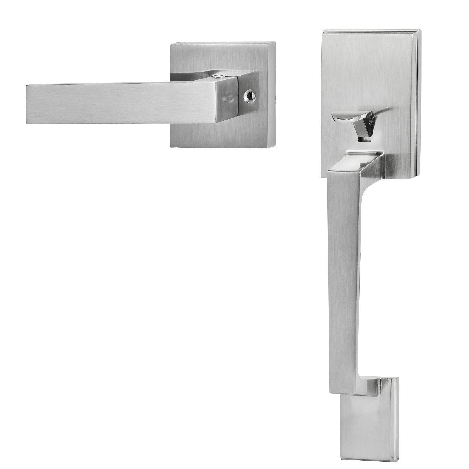 VEVOR Entry Door Handle, Satin Nickel Square Handle Set with Lever Door Handle No Lock, Adjustable Hole Space, Front Door Handle with Reversible for Right and Left Handed Entrance and Front Door