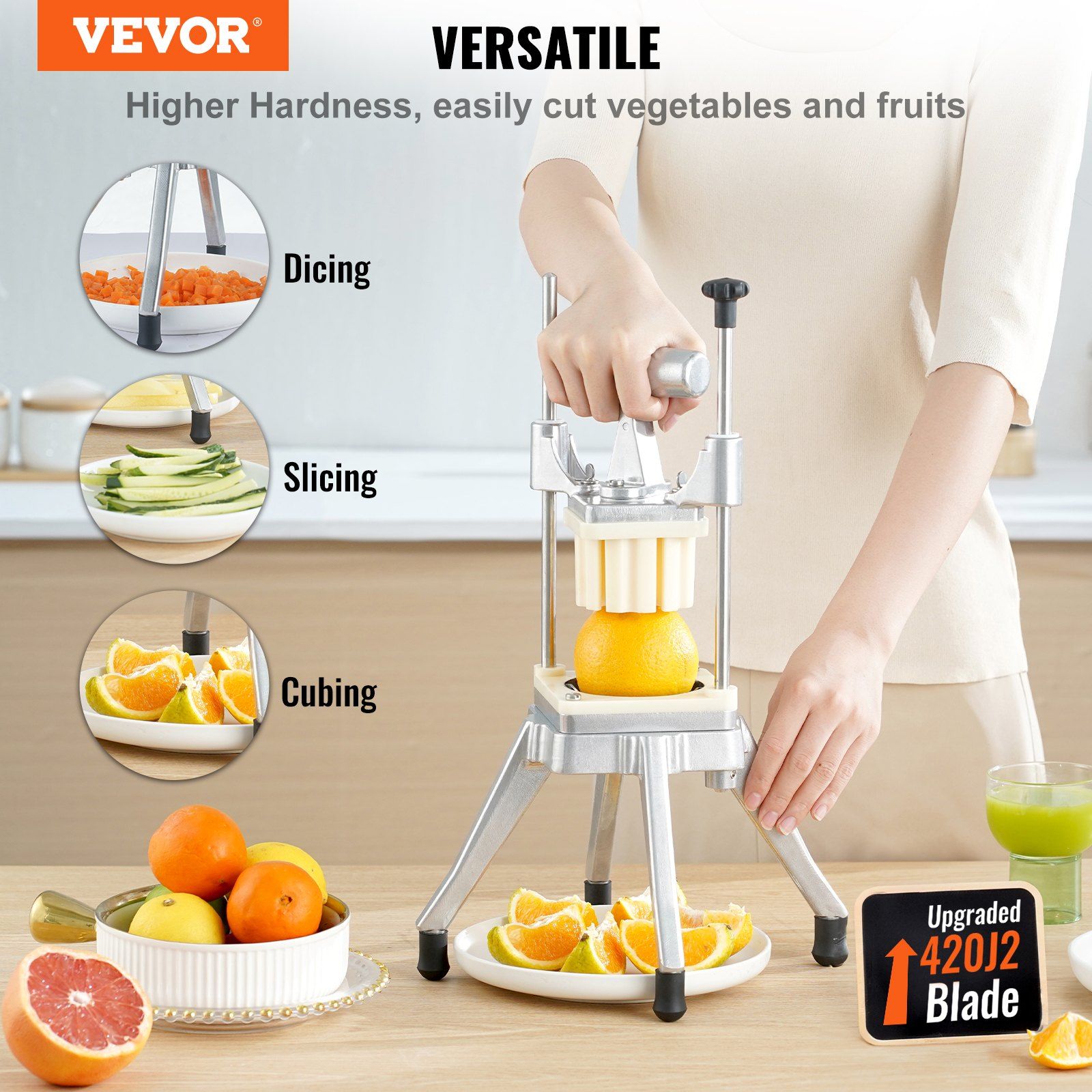 Commercial Vegetable Fruit Chopper, Stainless Steel French Fry Cutter with 4 Blades 1/4" 3/8" 1/2", 6-wedge Slicer, Chopper Dicer with Tray, Heavy Duty Cutter for Potato Tomato Onion Mushroom