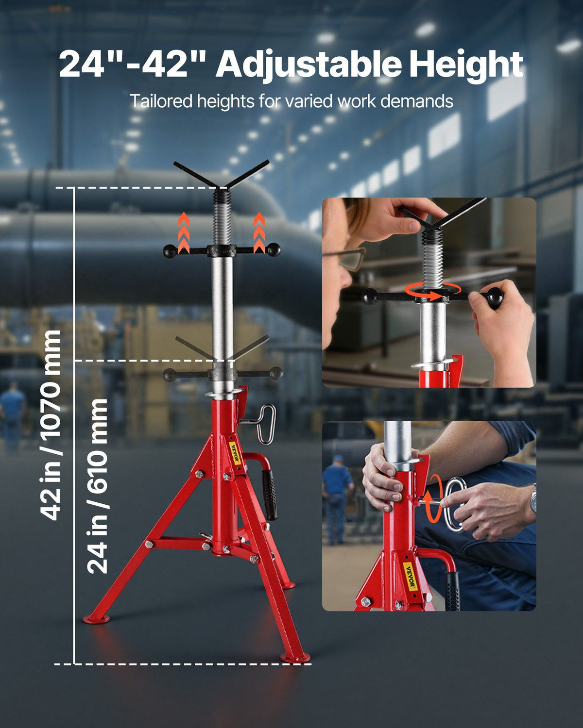V Head Pipe Stand 0.32 - 30.48 cm Capacity, Adjustable Height 610mm-1067mm, Pipe Jack Stands 1134kg Load Capacity, Portable Folding Pipe Stands, Carbon Steel Body for Enhanced Durability