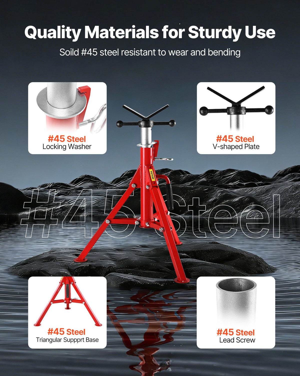 V Head Pipe Stand 0.32 - 30.48 cm Capacity, Adjustable Height 610mm-1067mm, Pipe Jack Stands 1134kg Load Capacity, Portable Folding Pipe Stands, Carbon Steel Body for Enhanced Durability