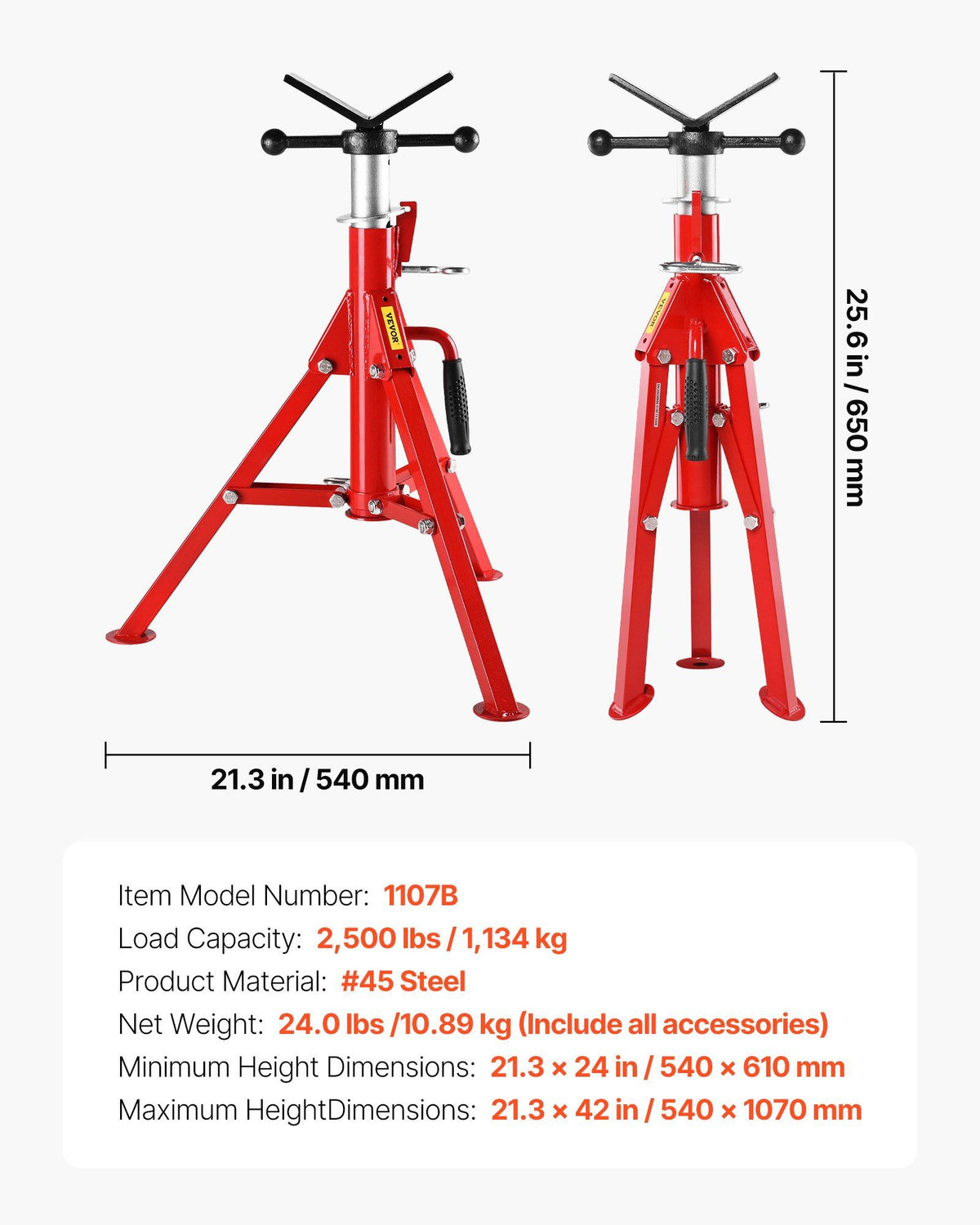 V Head Pipe Stand 0.32 - 30.48 cm Capacity, Adjustable Height 610mm-1067mm, Pipe Jack Stands 1134kg Load Capacity, Portable Folding Pipe Stands, Carbon Steel Body for Enhanced Durability