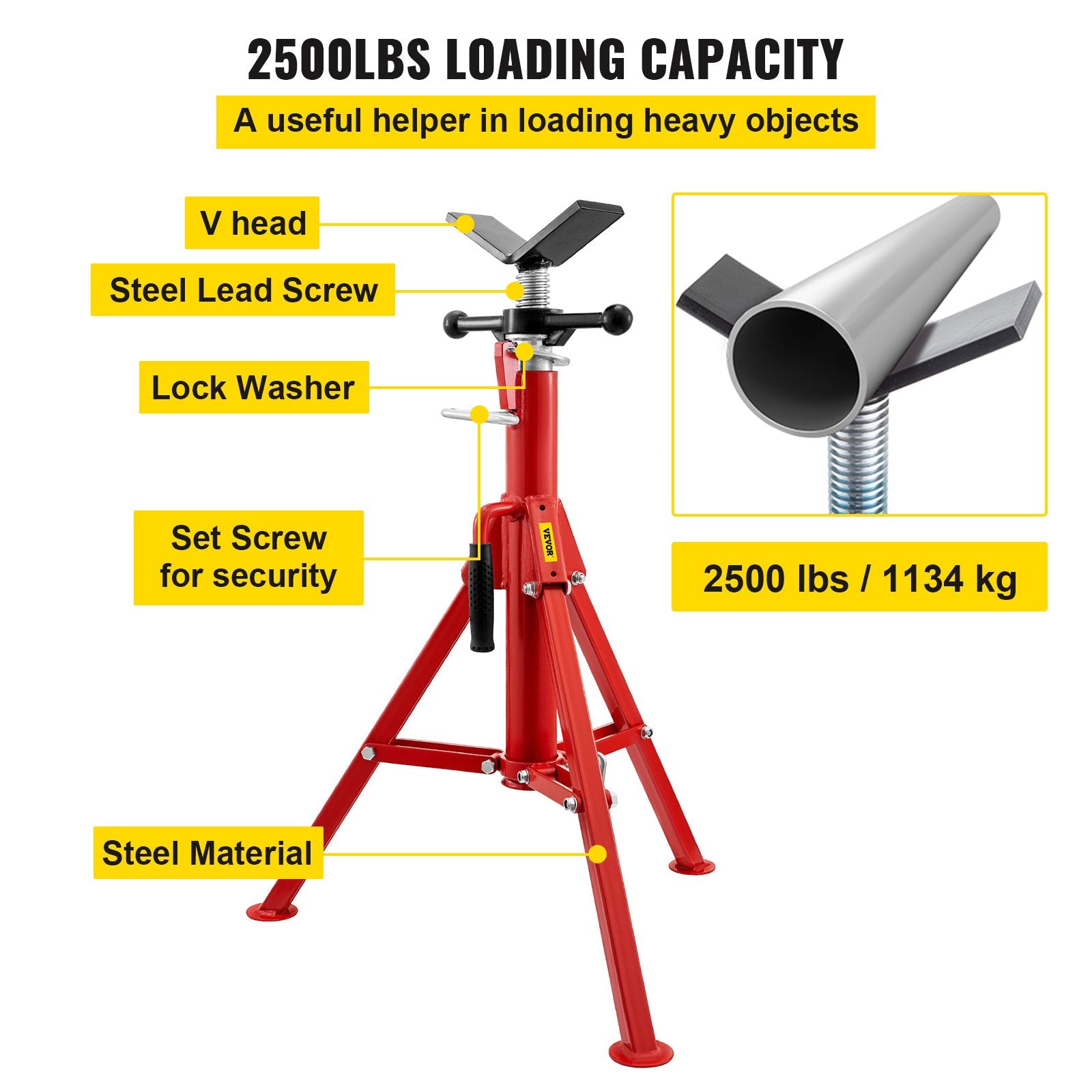 VEVOR Pipe Jack Stand V-Head Foldable Legs 2500LB Max. Height 52"