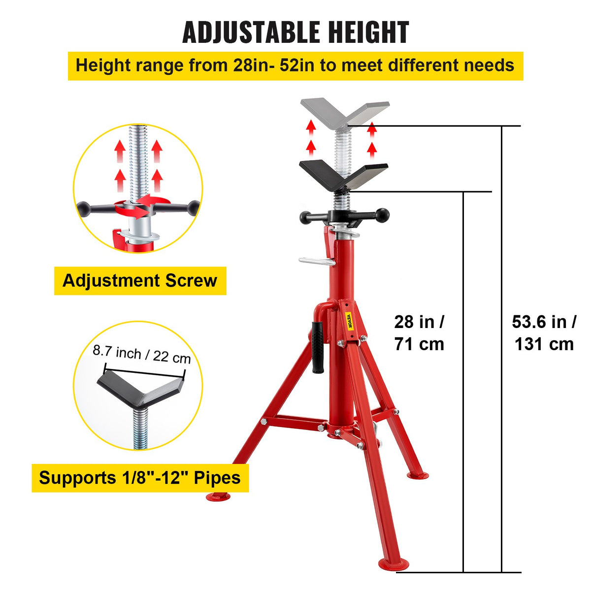 VEVOR Pipe Jack Stand V-Head Foldable Legs 2500LB Max. Height 52"