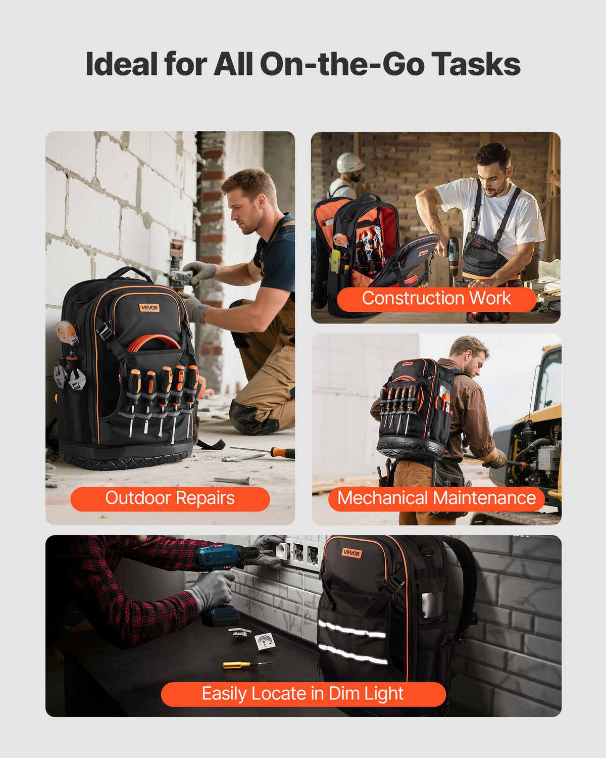 VEVOR Tool Backpack, 65 Pockets, Heavy-duty Tools Storage Organizer Work Bags with Laptop Compartment & Molded Base, Electrician Jobsite Backpack for Electrician, Repairman, and HVAC Techs