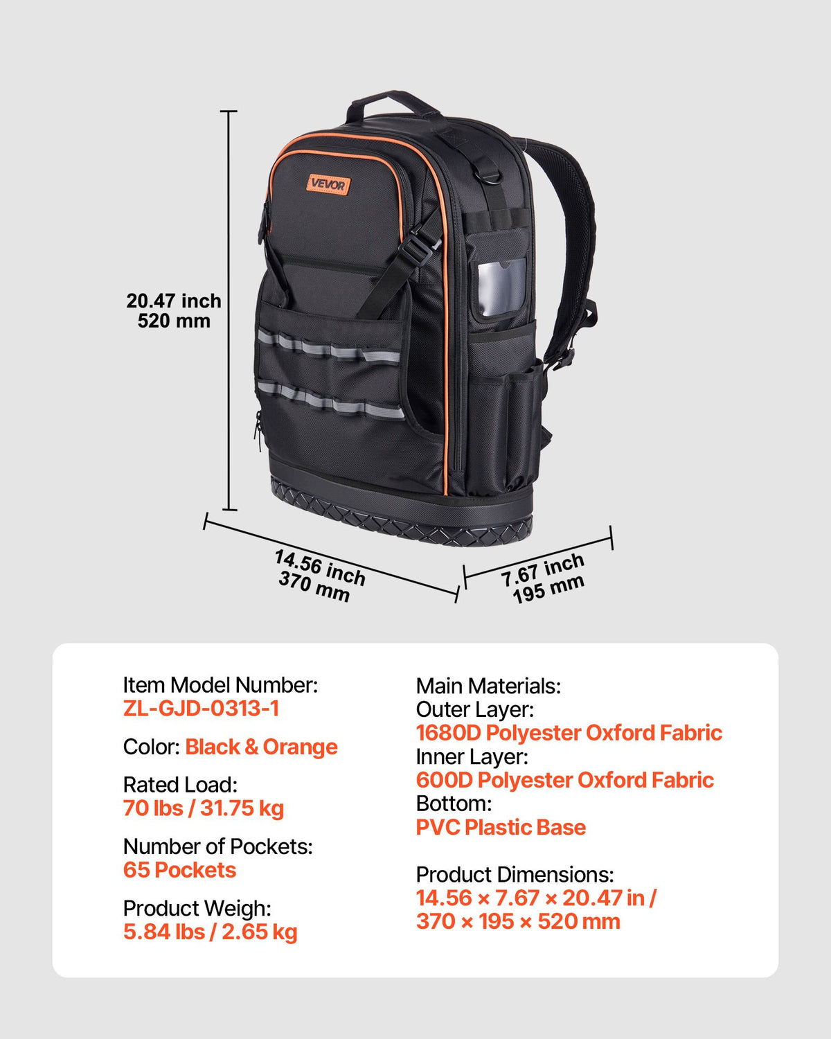 VEVOR Tool Backpack, 65 Pockets, Heavy-duty Tools Storage Organizer Work Bags with Laptop Compartment & Molded Base, Electrician Jobsite Backpack for Electrician, Repairman, and HVAC Techs