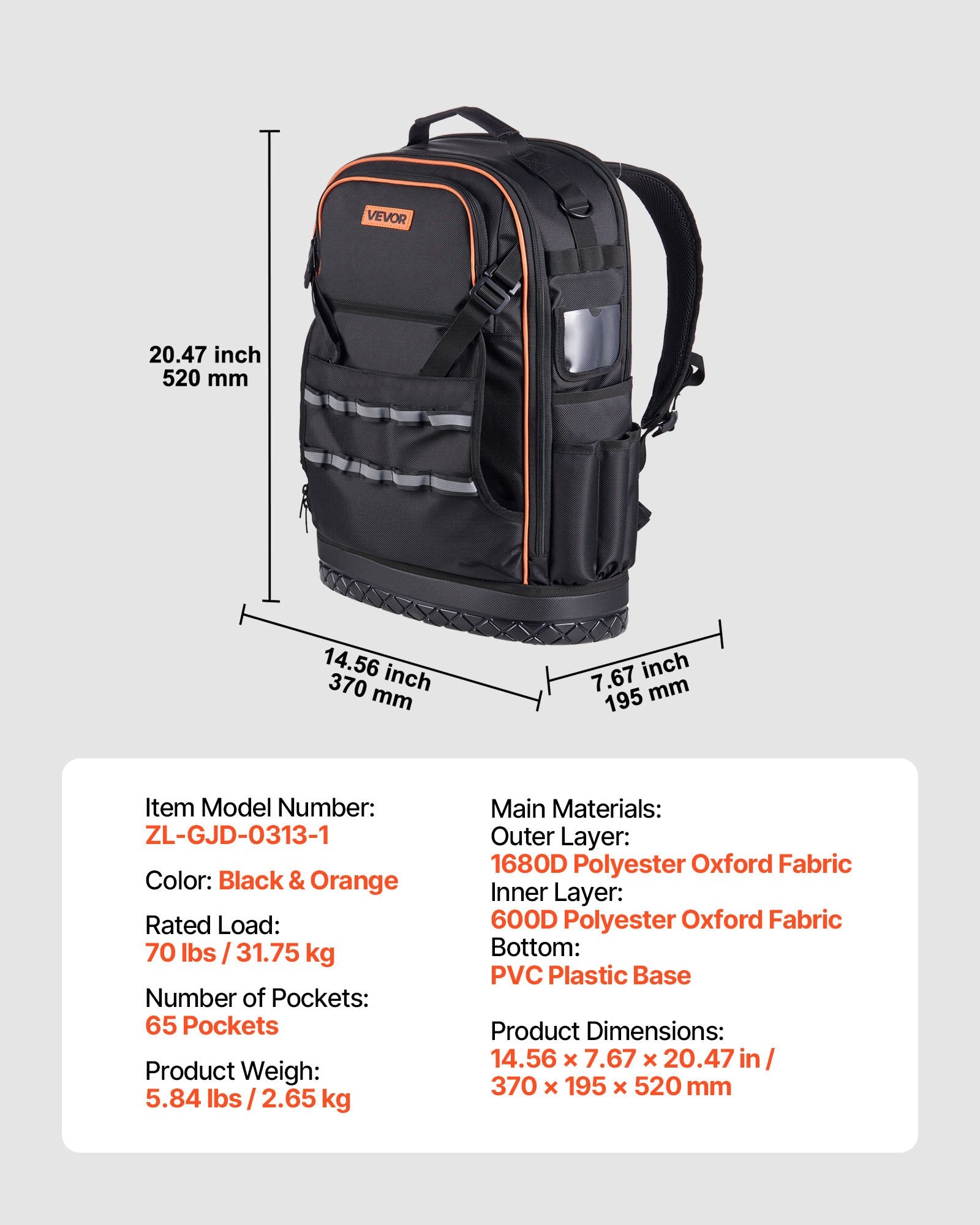 VEVOR Tool Backpack, 65 Pockets, Heavy-duty Tools Storage Organizer Work Bags with Laptop Compartment & Molded Base, Electrician Jobsite Backpack for Electrician, Repairman, and HVAC Techs