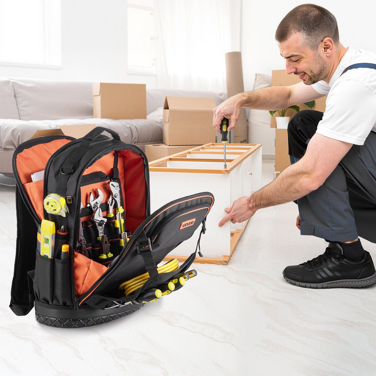 Tool Backpack with Tools, 65 Pockets, Heavy-duty Tools Storage Organizer Bags with Laptop Compartment & Molded Base, Electrician Jobsite Backpack for Electrician, Repairman, and HVAC Techs