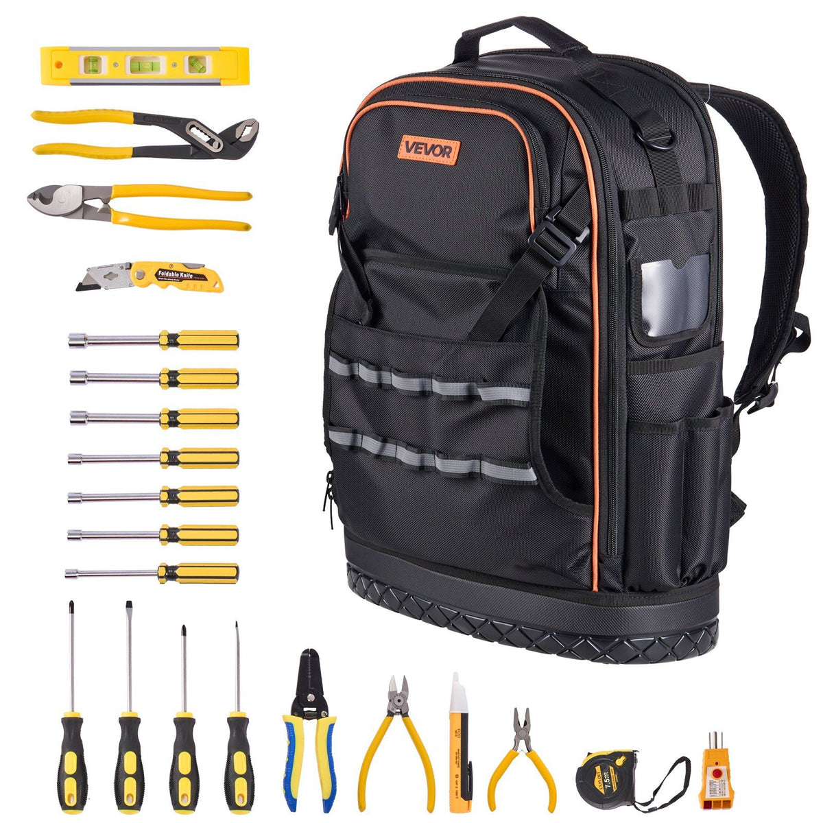 Tool Backpack with Tools, 65 Pockets, Heavy-duty Tools Storage Organizer Bags with Laptop Compartment & Molded Base, Electrician Jobsite Backpack for Electrician, Repairman, and HVAC Techs