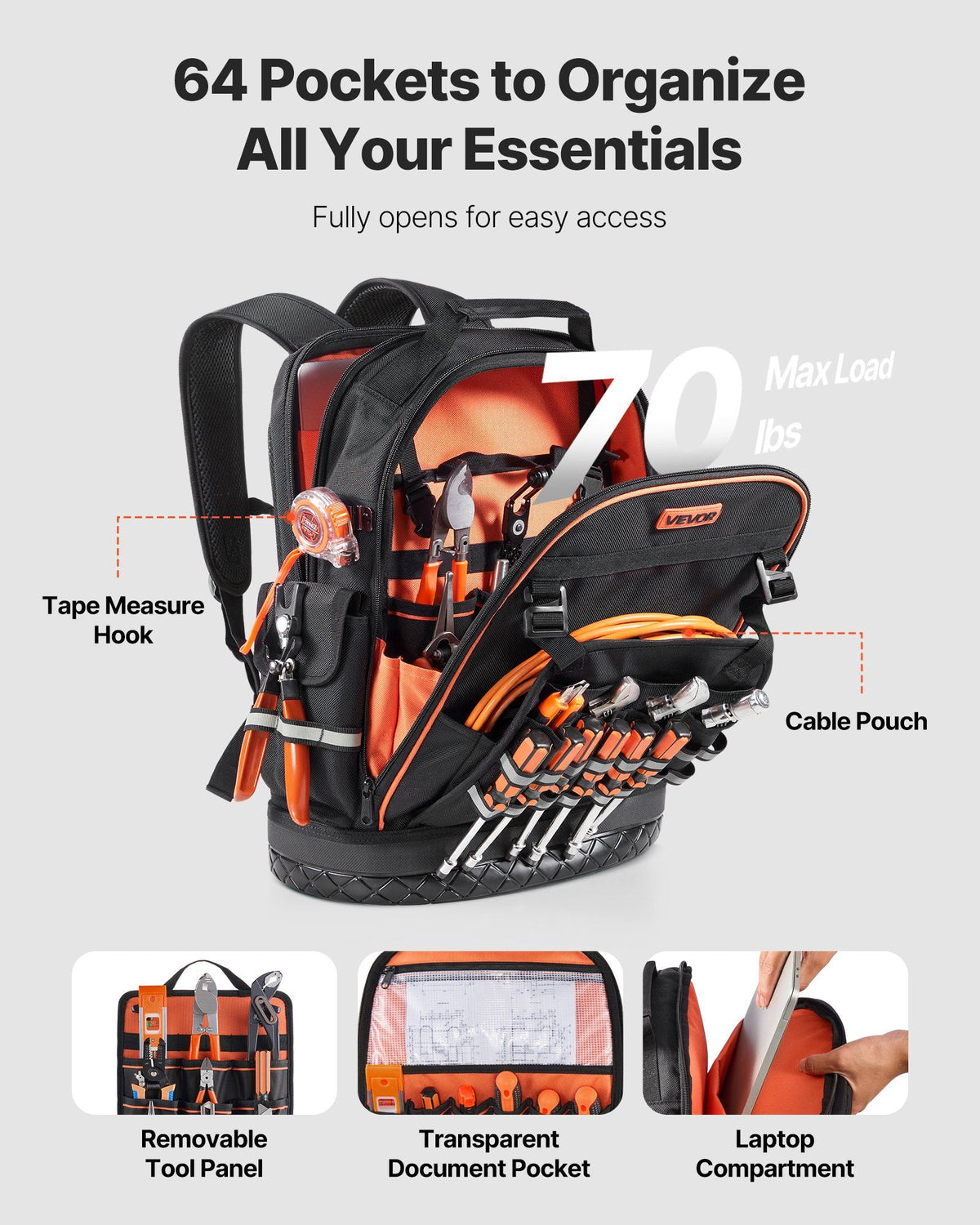 Tool Backpack, 64 Pockets, Heavy-duty Tools Storage Organizer Work Bags with Laptop Compartment & Molded Base, Electrician Jobsite Backpack for Electrician, Repairman, and HVAC Techs