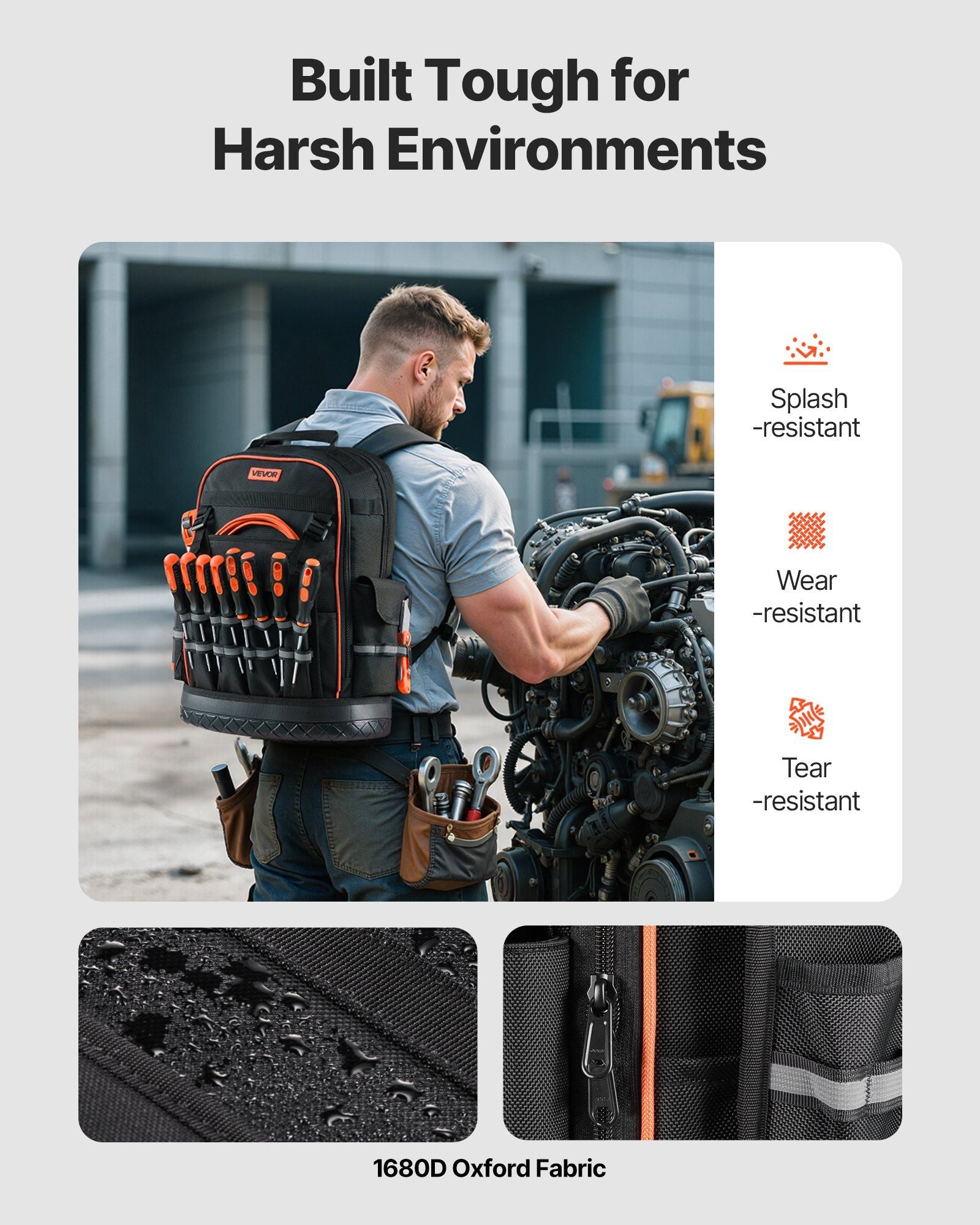 Tool Backpack, 64 Pockets, Heavy-duty Tools Storage Organizer Work Bags with Laptop Compartment & Molded Base, Electrician Jobsite Backpack for Electrician, Repairman, and HVAC Techs