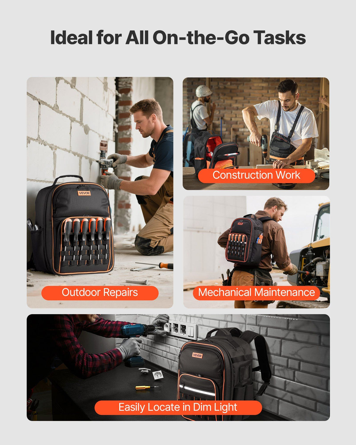 Tool Backpack, 49 Pockets, Heavy-duty Tools Storage Organizer Work Bags with Laptop Compartment & Reinforced Fabric Base, Electrician Jobsite Backpack for Electrician, Repairman