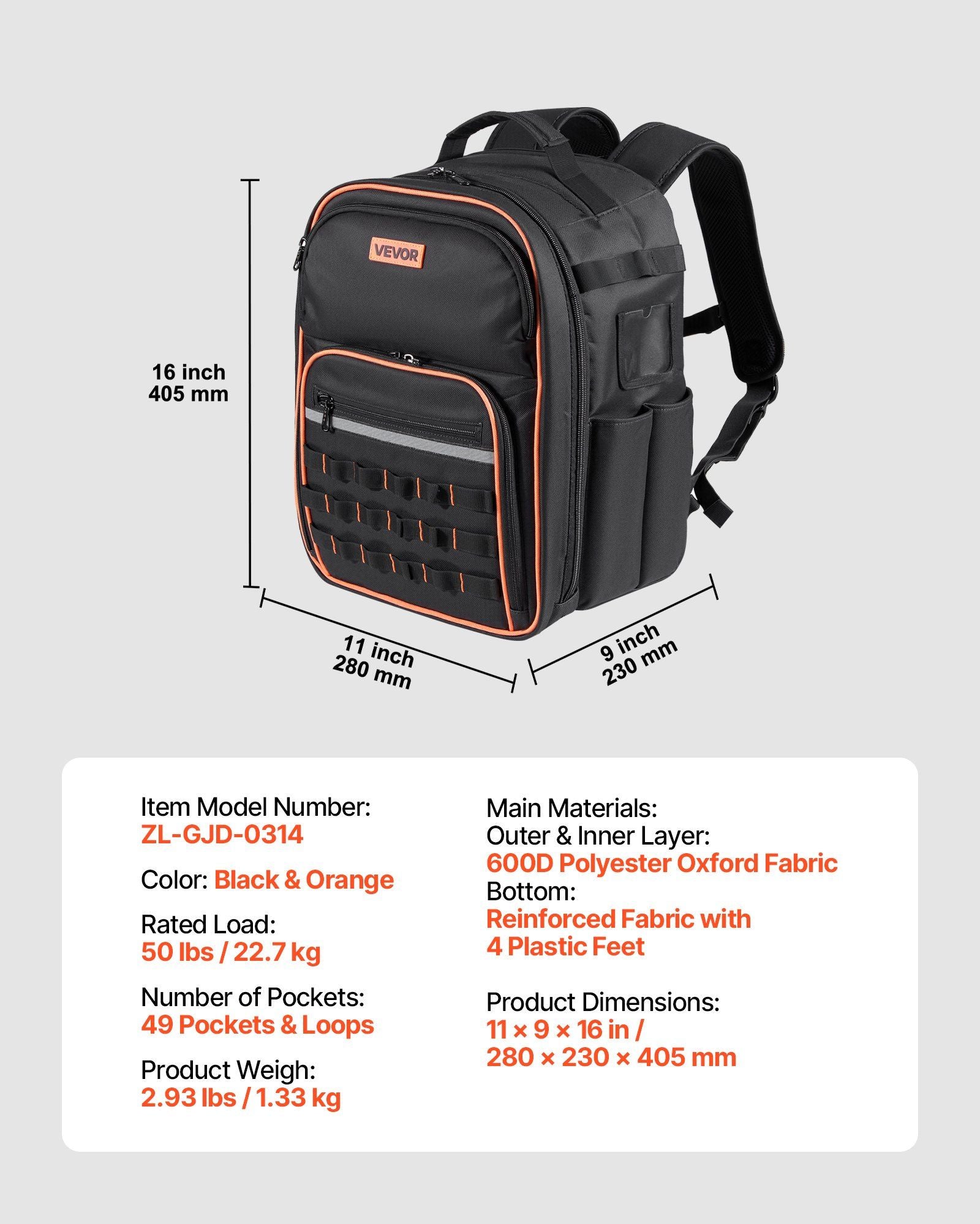 Tool Backpack, 49 Pockets, Heavy-duty Tools Storage Organizer Work Bags with Laptop Compartment & Reinforced Fabric Base, Electrician Jobsite Backpack for Electrician, Repairman