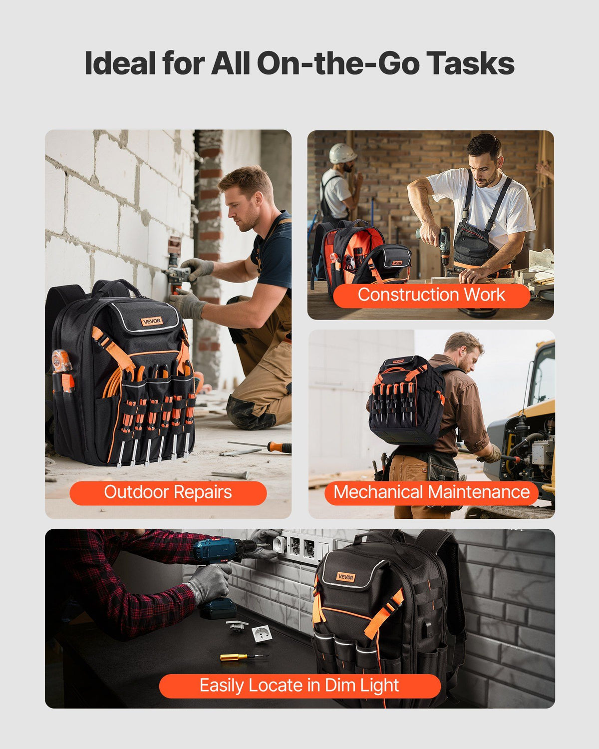 Tool Backpack, 45 Pockets, Heavy-duty Tools Storage Organizer Work Bags with Laptop Compartment & Reinforced Fabric Basee, Electrician Jobsite Backpack for Electrician, Repairman