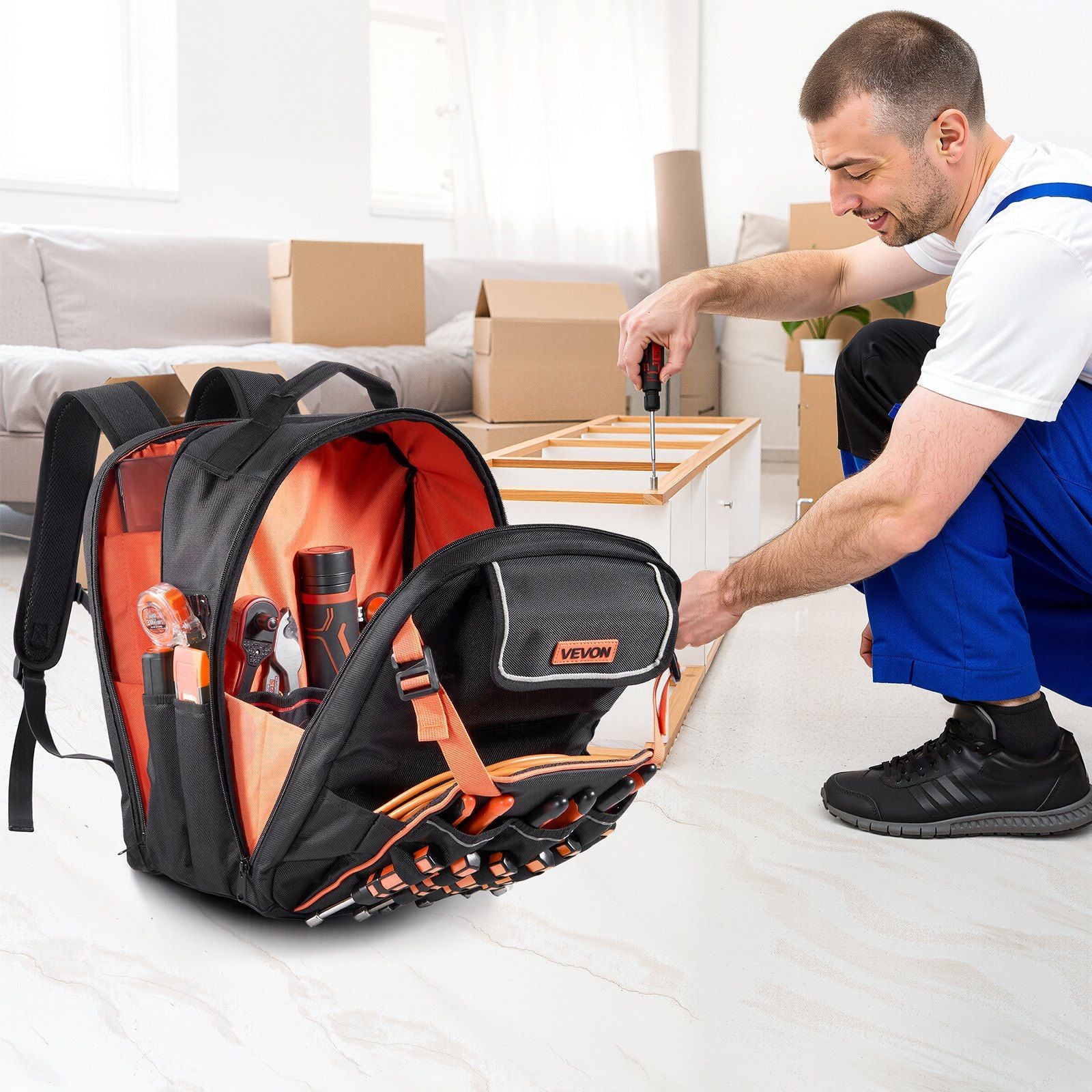 Tool Backpack, 45 Pockets, Heavy-duty Tools Storage Organizer Work Bags with Laptop Compartment & Reinforced Fabric Basee, Electrician Jobsite Backpack for Electrician, Repairman