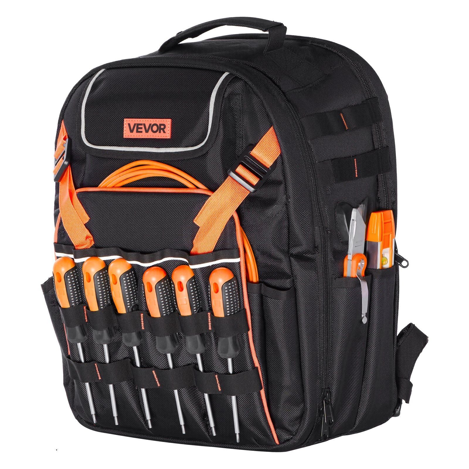 Tool Backpack, 45 Pockets, Heavy-duty Tools Storage Organizer Work Bags with Laptop Compartment & Reinforced Fabric Basee, Electrician Jobsite Backpack for Electrician, Repairman